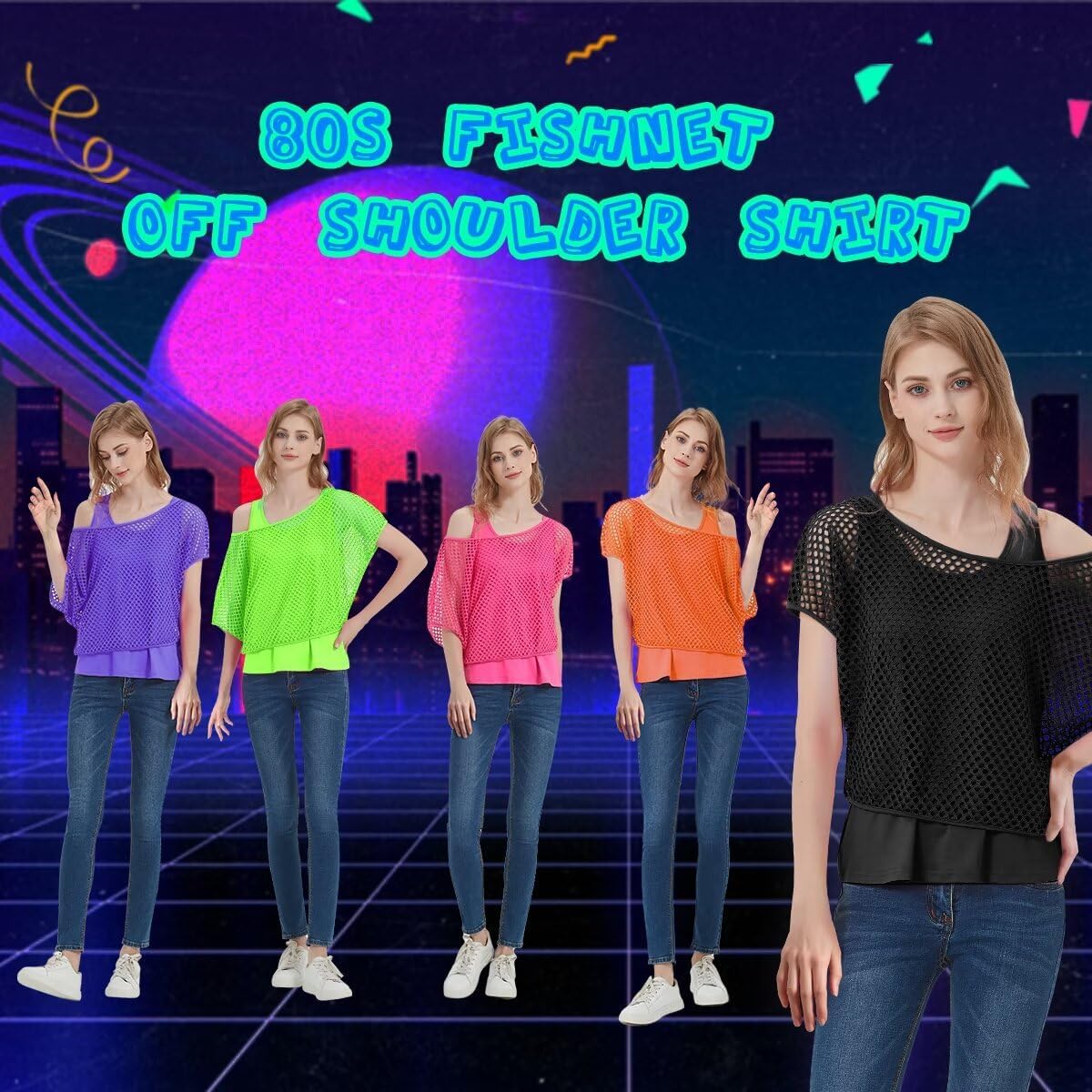 WILDPARTY Women's Casual Sexy Off Shoulder T-Shirt 80s 90s Outfit 80's Costume Fishnet Neon Shirt Summer Short Sleeve - Image 5
