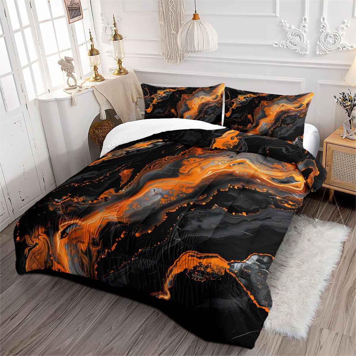 King Size Modern Marble Comforter Set Black Orange Marble Bedding Set Abstract Marble Down Comforter Decor Quilt Set for Adult Women Girls 3Pcs Soft Lightweight Bed Set