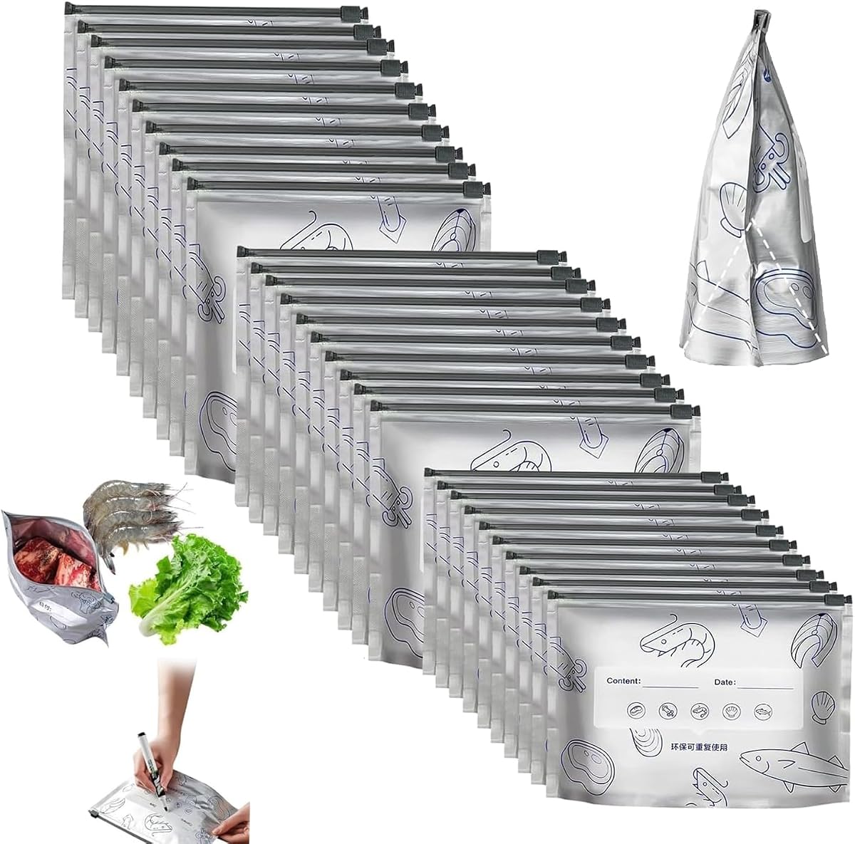30pcs Reusable Aluminum Foil Sealable Storage Bags, Resealable Vacuum Zipper Pouches for Food, Stand Up Foil Sealable Bags with Label and Zip Lock for Vegetable Fruit Meat (10 S/M/L Each)