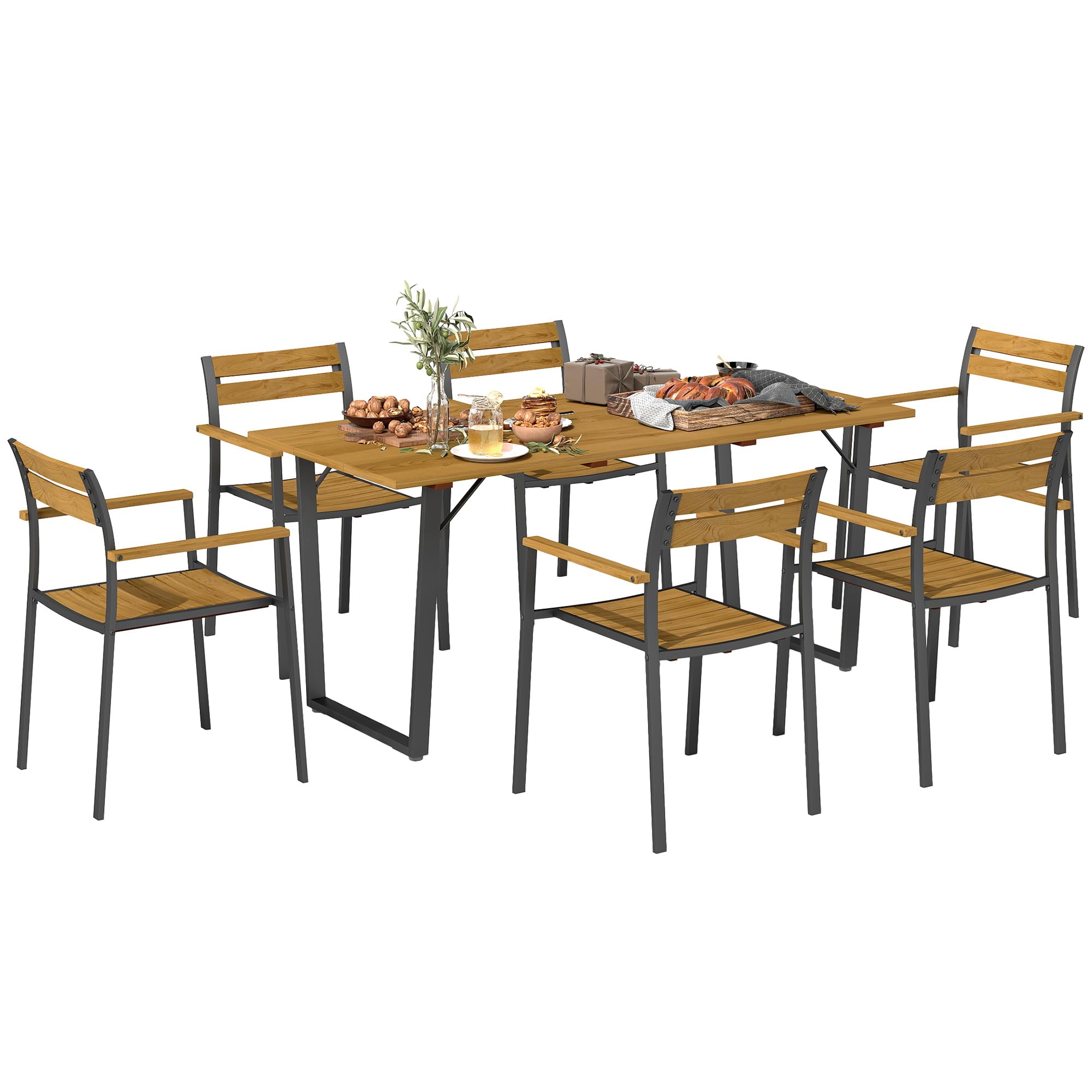 Outsunny 6 Seater Steel Garden Dining Set - Stackable Chair - Brown