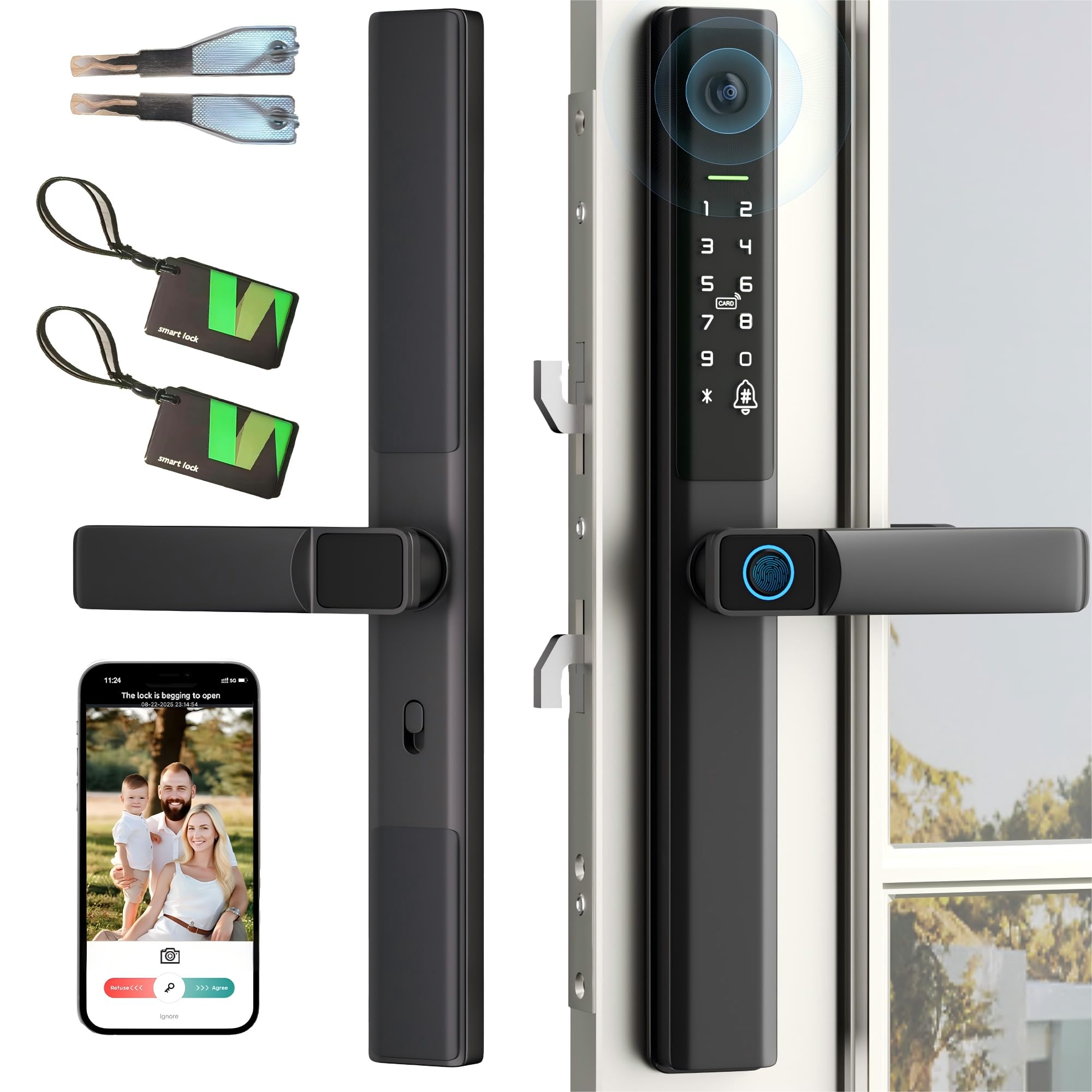 Cerradura inteligente para puerta corredera con asa, cerradura de puerta corredera sin llave con código de huellas dactilares, tarjeta RFID, teclado digital, llave digital, reemplazo remoto, marco