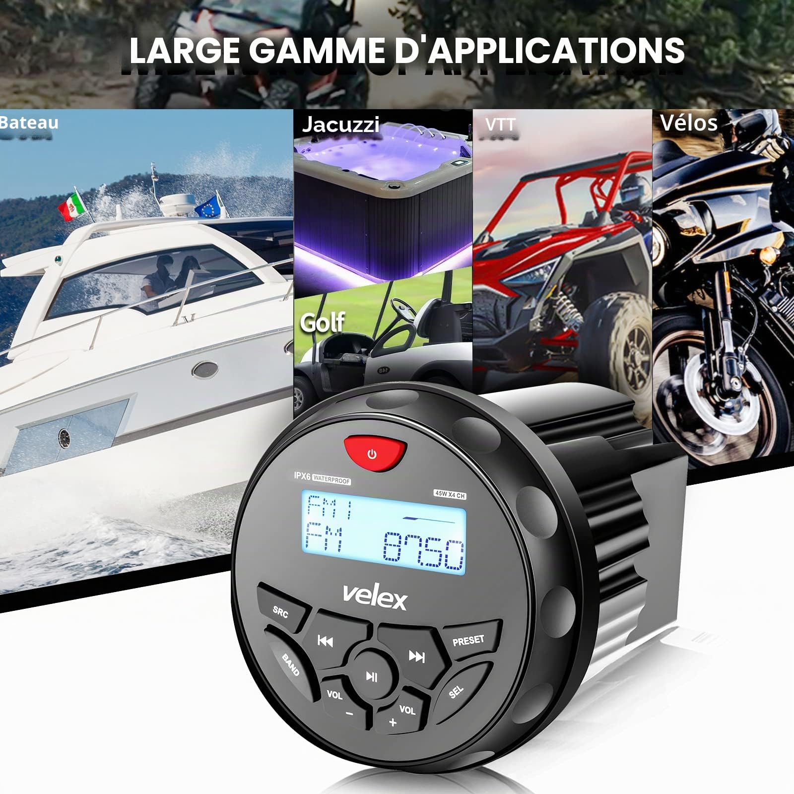 Récepteur stéréo Bluetooth étanche avec lecteur MP3 sur radio DAB+/AM/FM et USB pour streaming de musique sur bateaux, voitures de golf, ATV UTV et Spa Hot Tubs (DAB+)