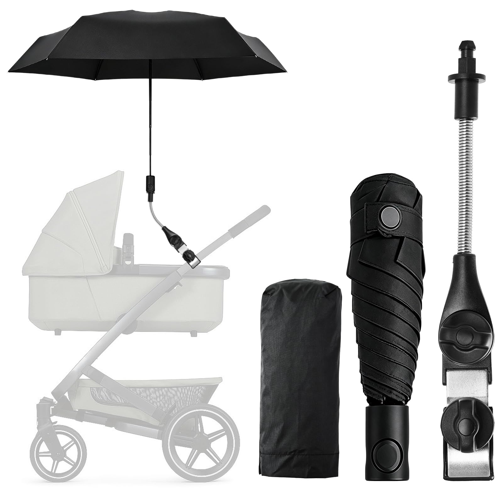 Simpeak Universal Pram Parasol Umbrella with Clamp, UPF 50+ UV Ray Protection Stroller Umbrella, 360° Flexible & Height Adjustable Clip-on Baby Buggy Pushchair Sun Rain Parasol (90cm Diameter)