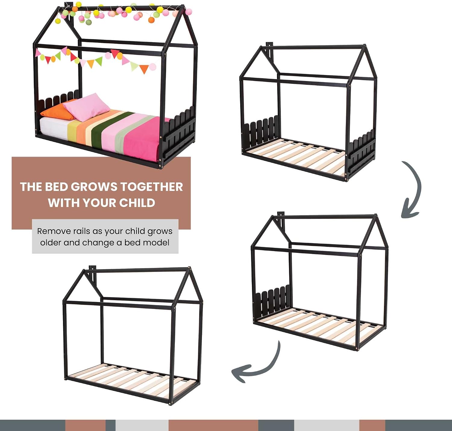 Montessori house bed with rails, Montessori toddler house bed frame, Toddler floor level bed with rails