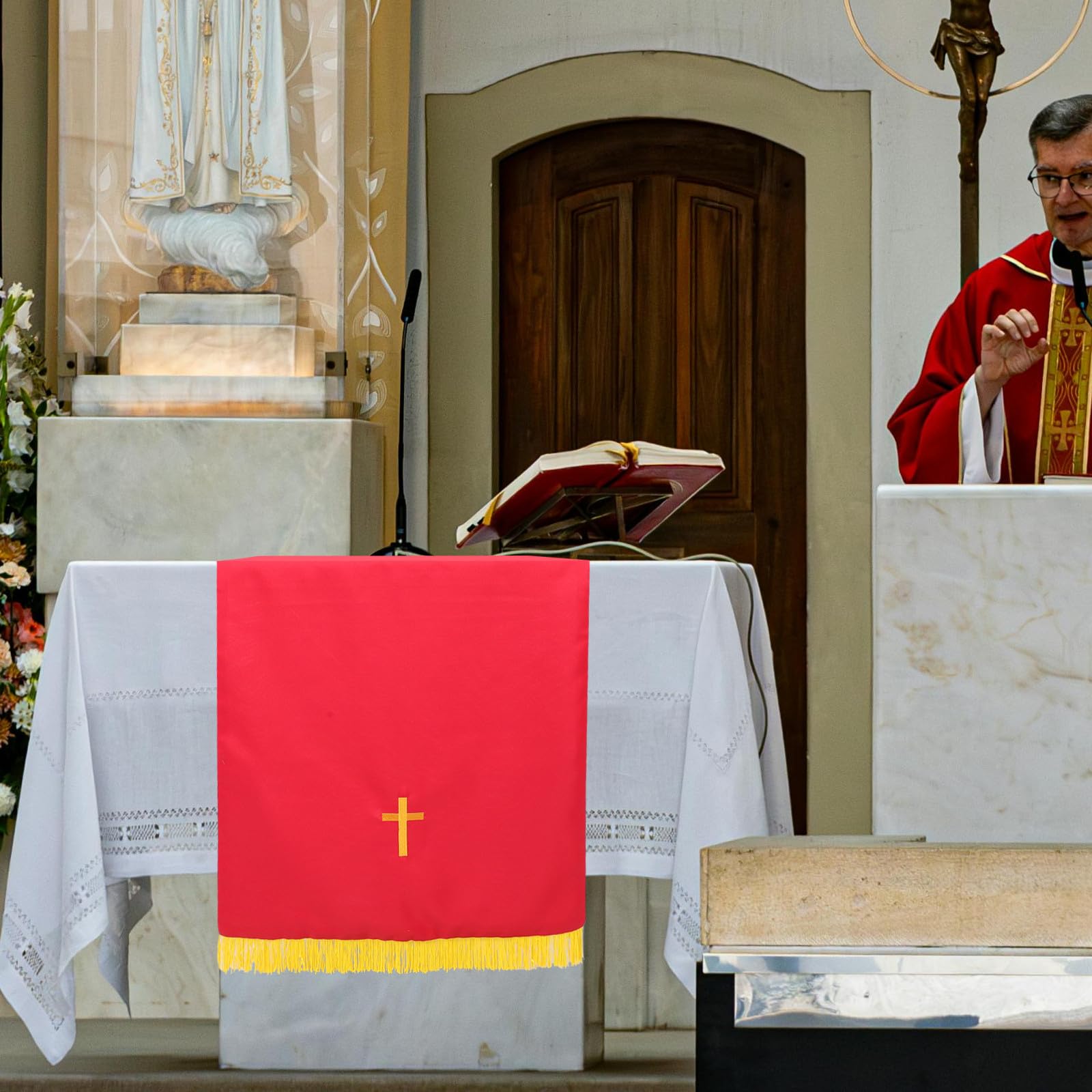 DECHOUS Set Reversibile per Pulpito e Altare con Ricamo Cristiano Rosso