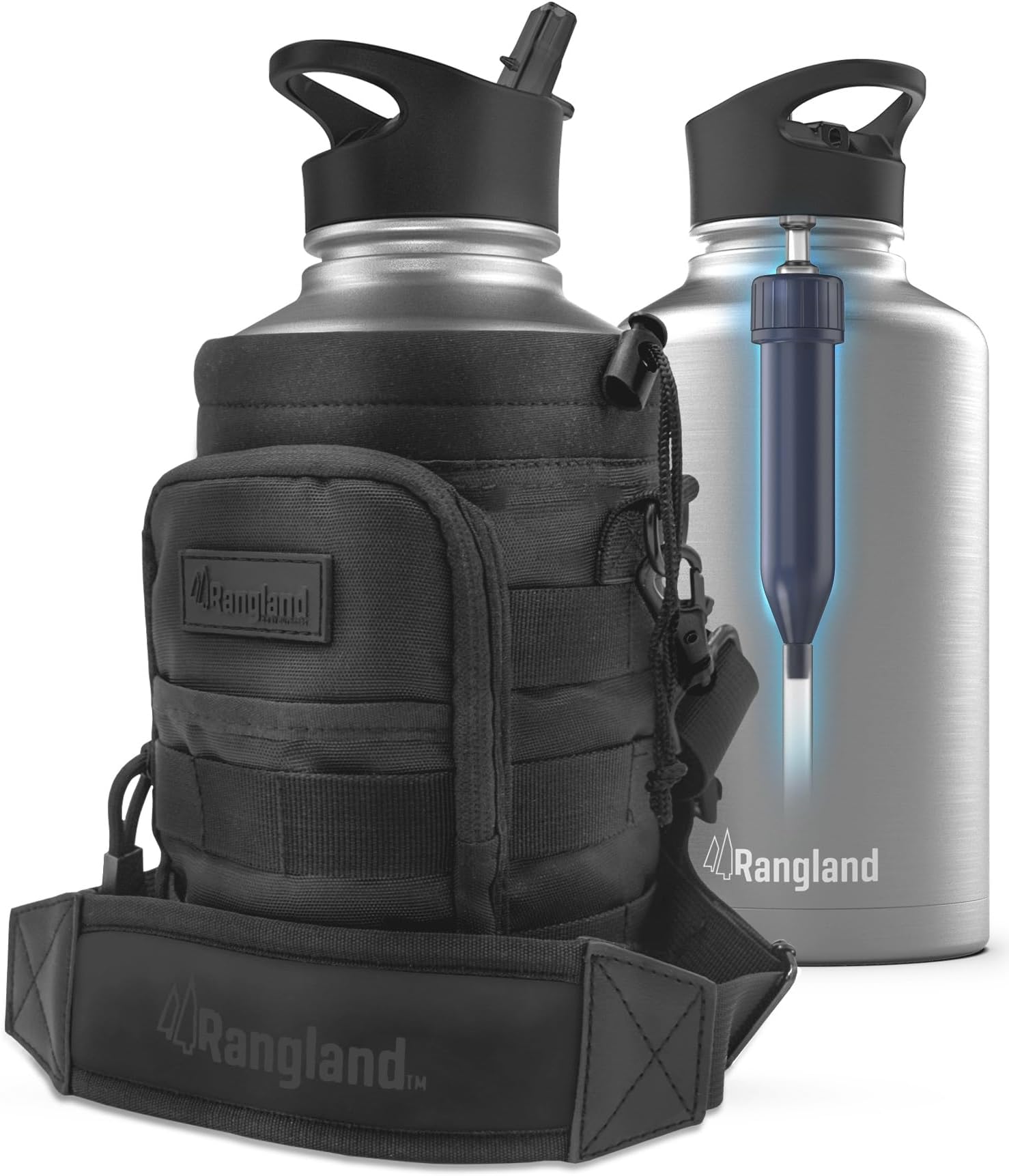 Filtered Half Gallon Water Bottle with Straw Lid - Large Insulated Bottle with Filter System, Includes Carrier Bag with Padded Shoulder Strap, 64oz (Stainless Steel)