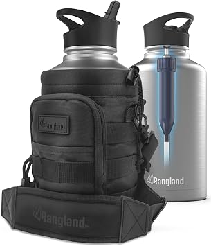 Filtered Half Gallon Water Bottle with Straw Lid - Large Insulated Bottle with Filter System, Includes Carrier Bag with Padded Shoulder Strap, 64oz Stainless Steel