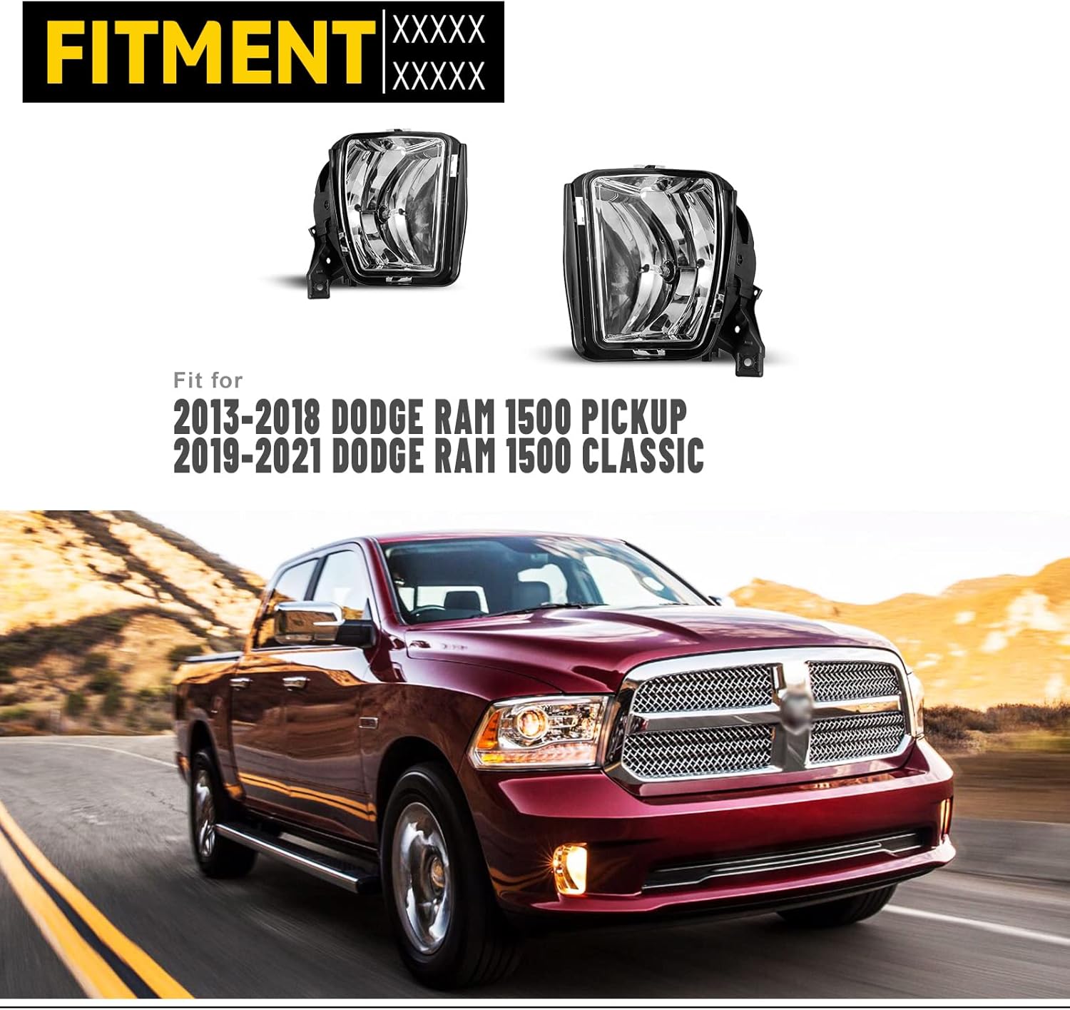 Fog Lights for Dodge Ram 1500 Pickup Truck 2013-2018/ Dodge Ram 1500 Classic 2019 with Bulbs 9006 12V 51W OE Fog Lamps Assembly- 1 Pair (Clear Lens)