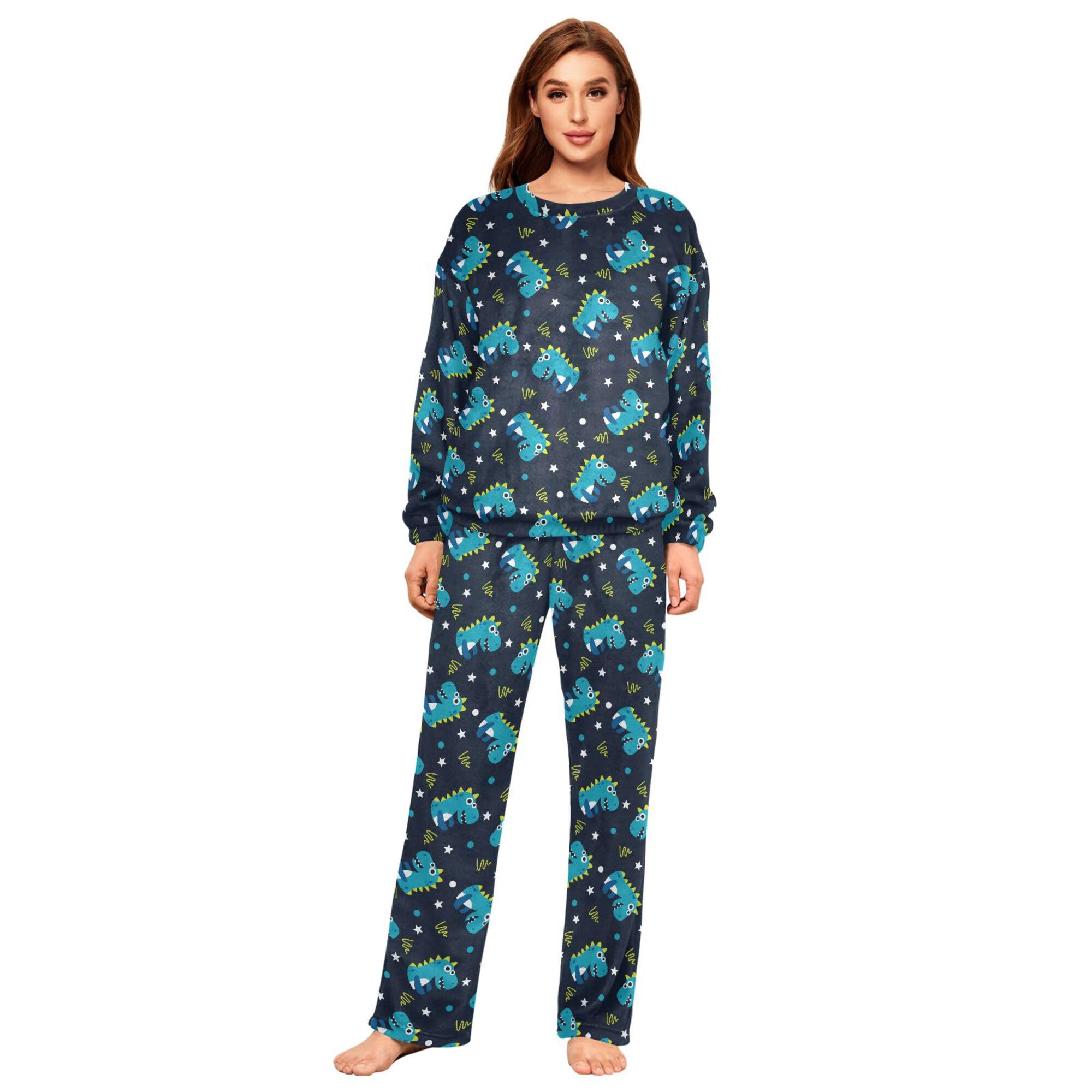 ALAZA Conjunto de pijama de forro polar para mujer, diseño de dinosaurio, manga larga, ropa de dormir de dos piezas, ropa de dormir térmica, pijama súper suave, talla S