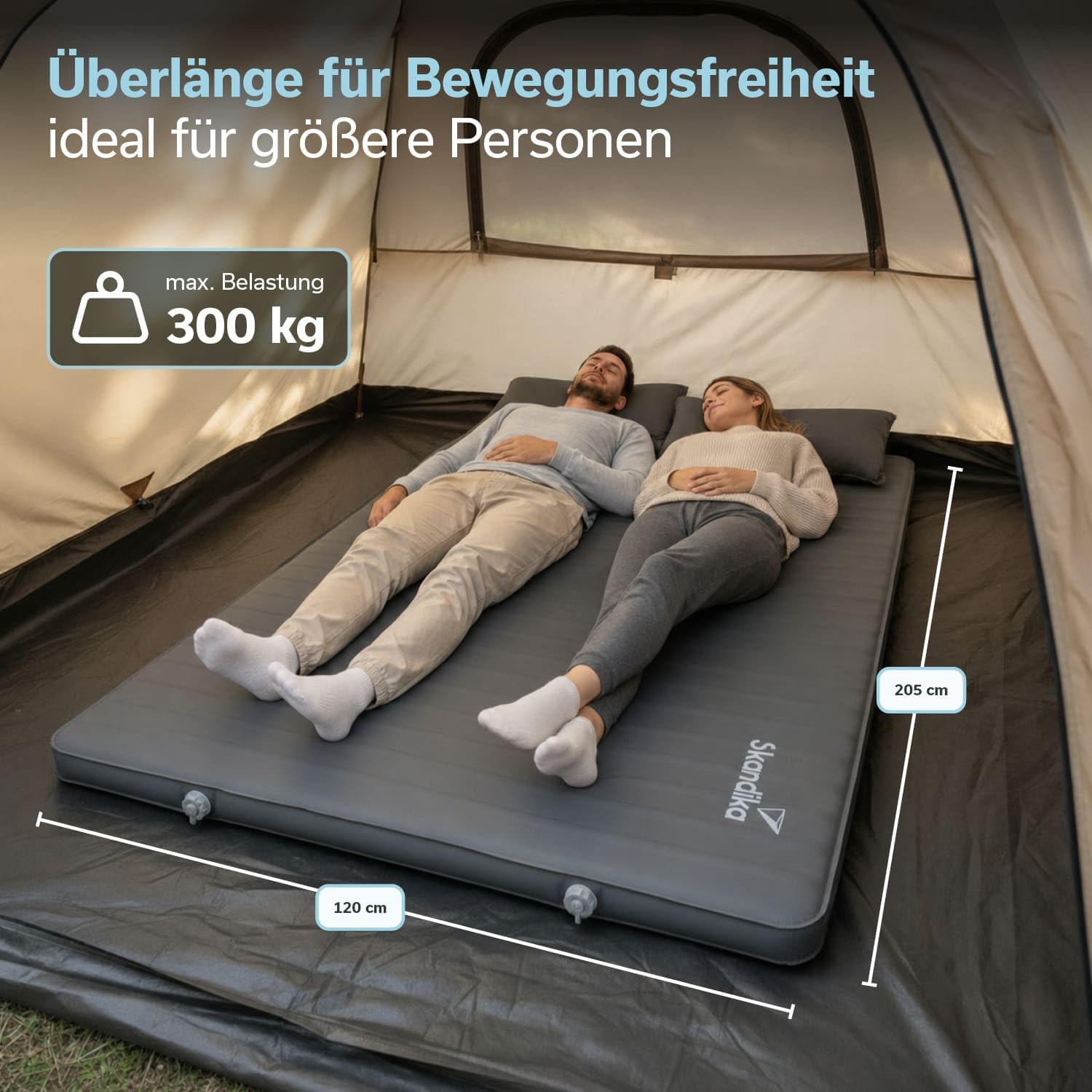 Skandika Karimata Easy 3D Premium Compact | materac dmuchany dla 2 osób, samopompująca, z workiem z pompką, wodoodporna, powierzchnia Softtouch, obciążenie do 300 kg, do aktywności na świeżym