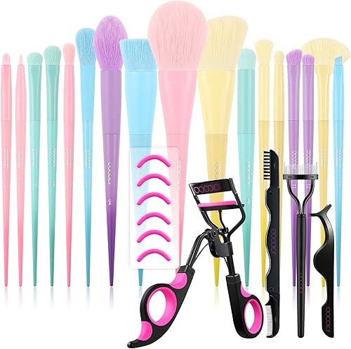 Docolor Kit de rizador de pestañas con 17 piezas de pinceles de maquillaje coloridos, regalo de primera calidad, base Kabuki sintética, mezcla de