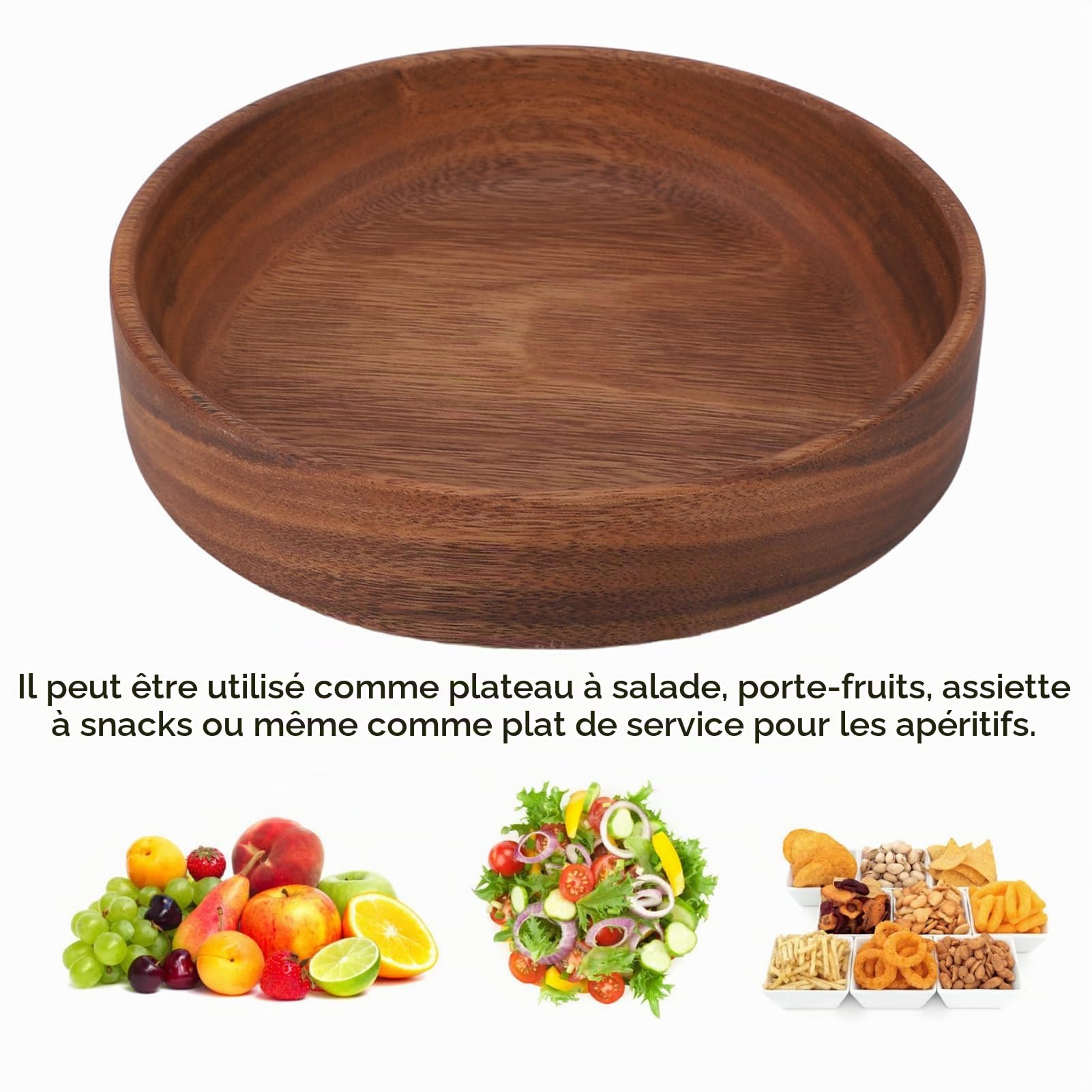 Jenngaoo Saladier Bois 20 cm, Bol à Fruits en Bois Massif, Grand Format, Corbeille a Fruit en Bois pour Pain, Apéro, Décoration, Style Rustique Moderne pour Cuisine et Salle à Manger
