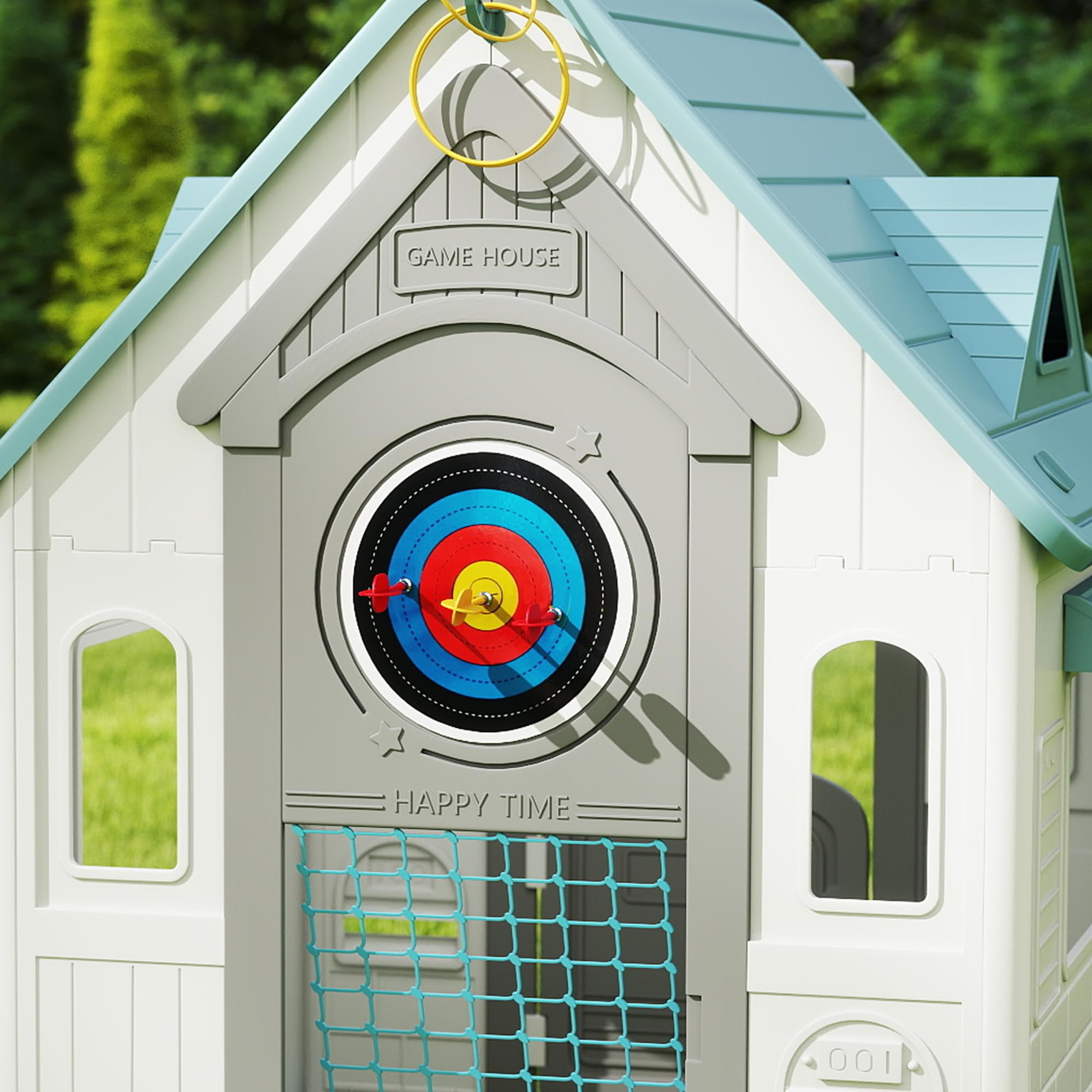 AIYAPLAY Casita Infantil Exterior e Interior 5 en 1, Casita Infantil de Jardín con Lanzamiento de Aros, Baloncesto, Fútbol, Dardos, Casa de Juegos para Niños de 2-5 Años, Beige