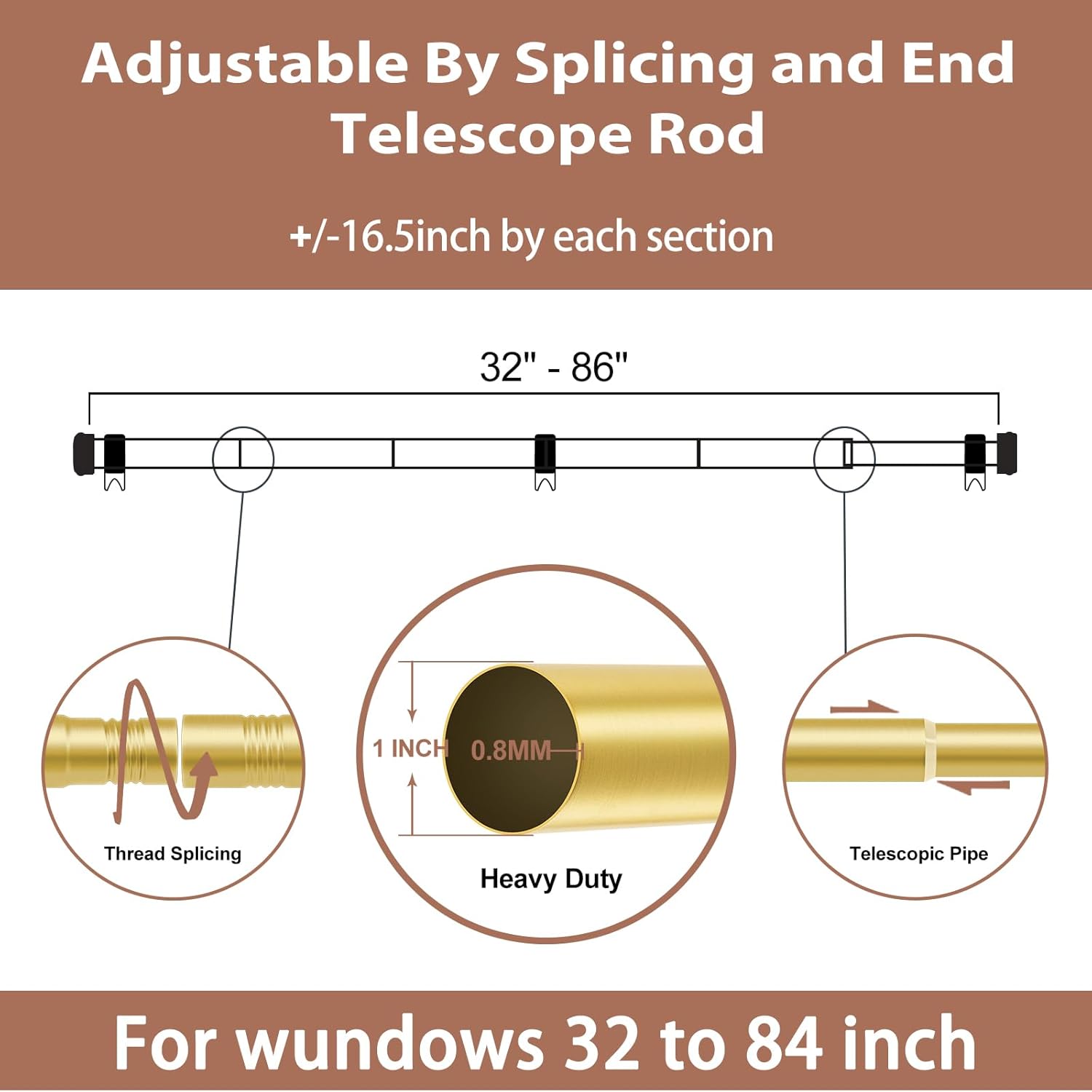 Zeerobee Curtain Rods for Windows 48 to 84, 1 Inch Heavy Duty Adjustable Drapery Rods, Modern Indoor/Outdoor Curtain Pole for Bedroom, Living Room, Patio, Farmhouse, 32"-86", Brushed Gold