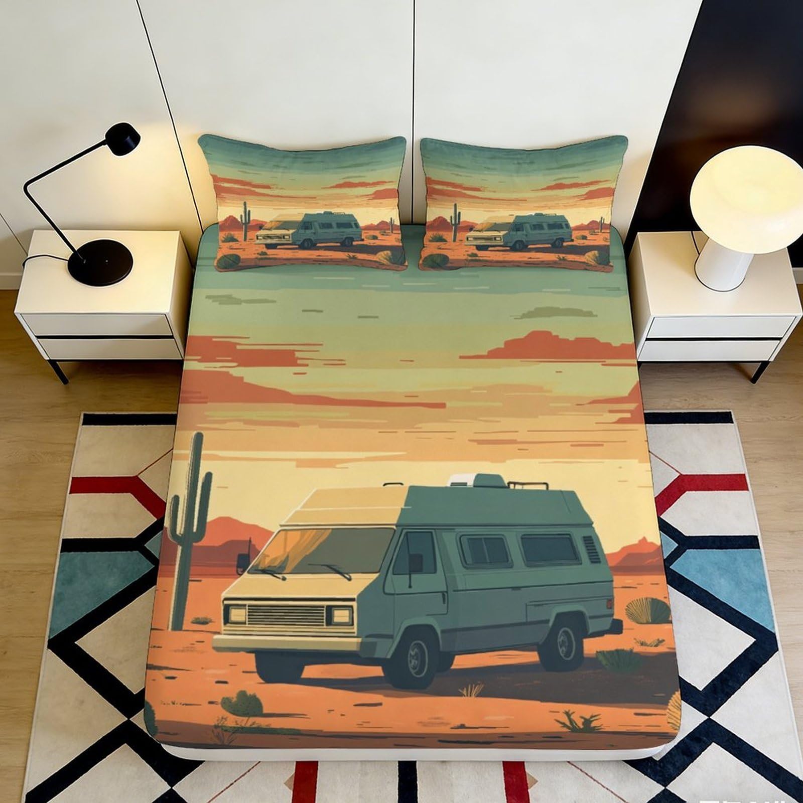 Pnayamiorkfel Style-5 3D Printed Camper Desert Fitted Sheet Microfiber Soft Breathable Sunset Landscape Bed Cover For Bedroom Dorm Decor 90X200x25cm