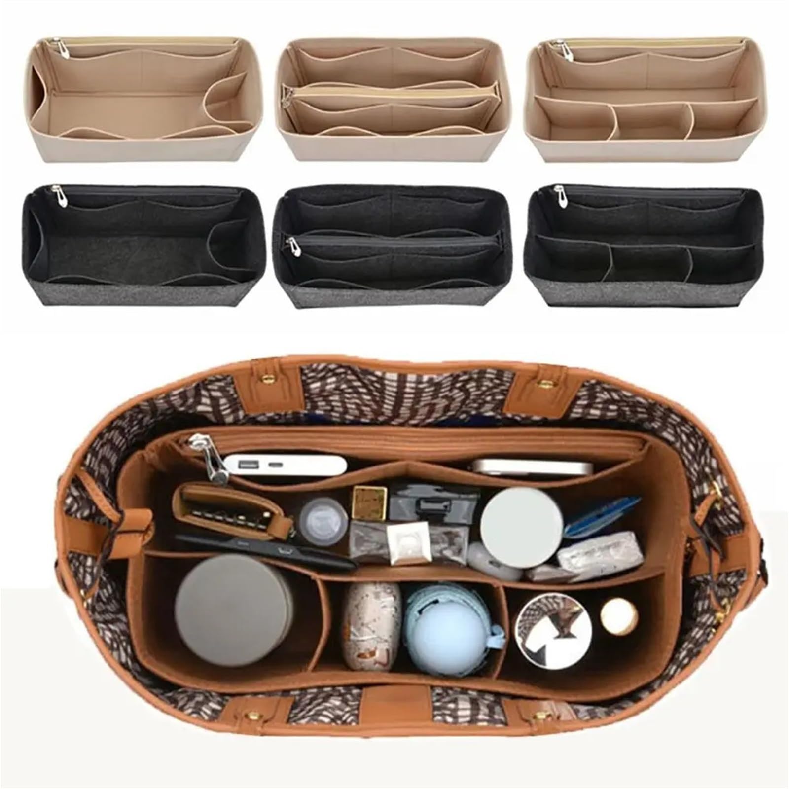 2 Stück Filz-Taschen-Organizer-Einsatz, Filz-Einsatz, Liner, Geldbörse, Organizer, Tasche, Handtasche, Tragetasche, Innentasche für Handtaschen(Beige-3)