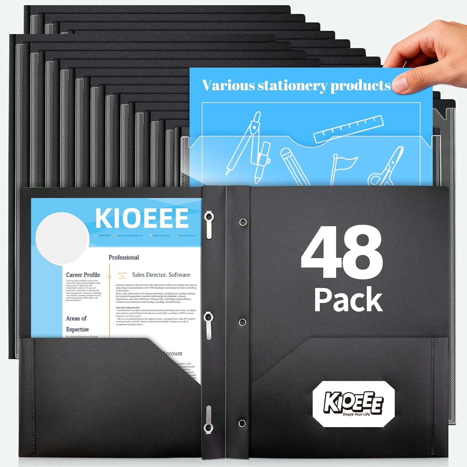 48 Pcs Black 2 Pockets Folders with Clear Front Pocket Bulk Heavy Duty Plastic Folders for School and Office，Fit Letter Size Paper