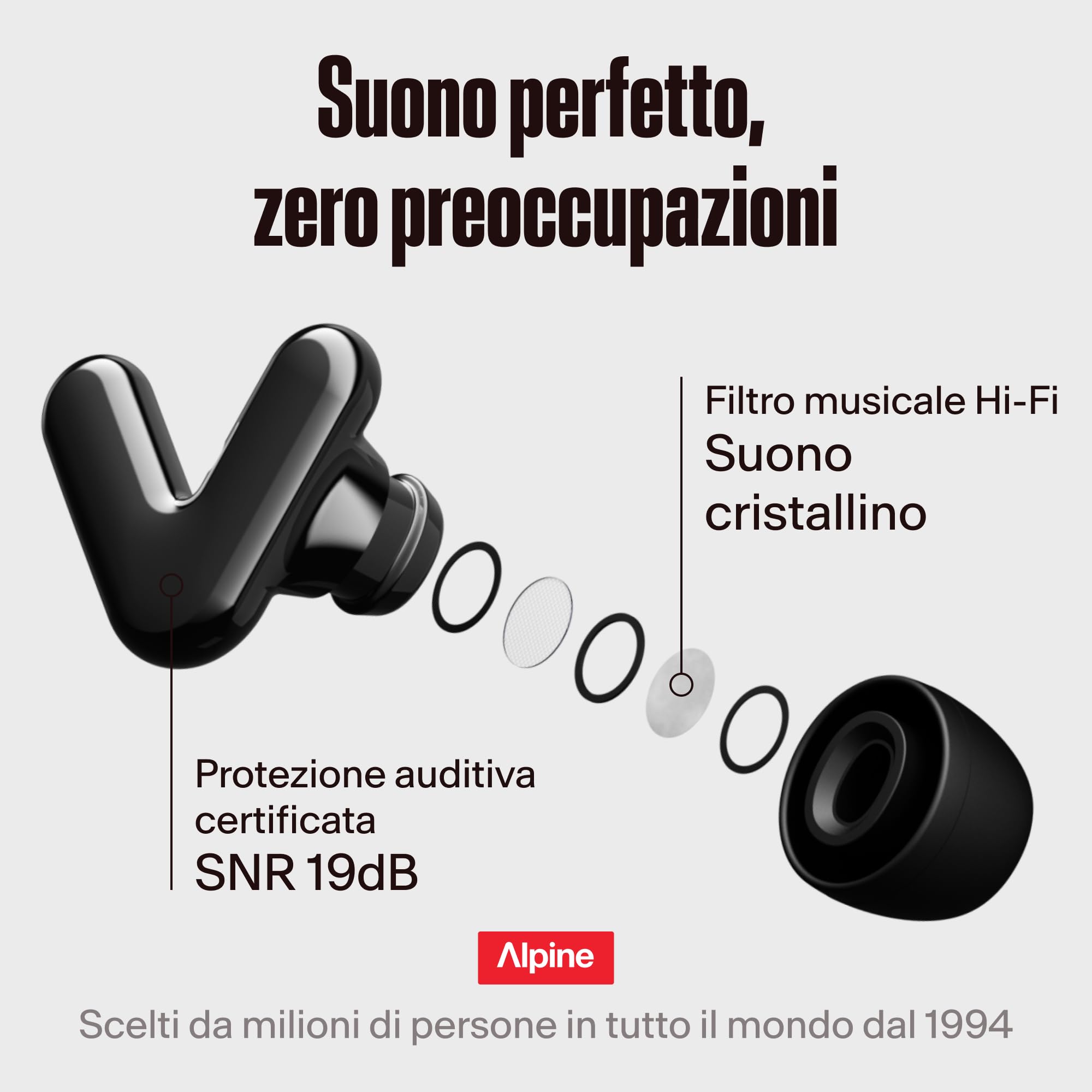 Alpine Tune Tappi per Orecchie Protezione Antirumore 19dB 4 Taglie Nero