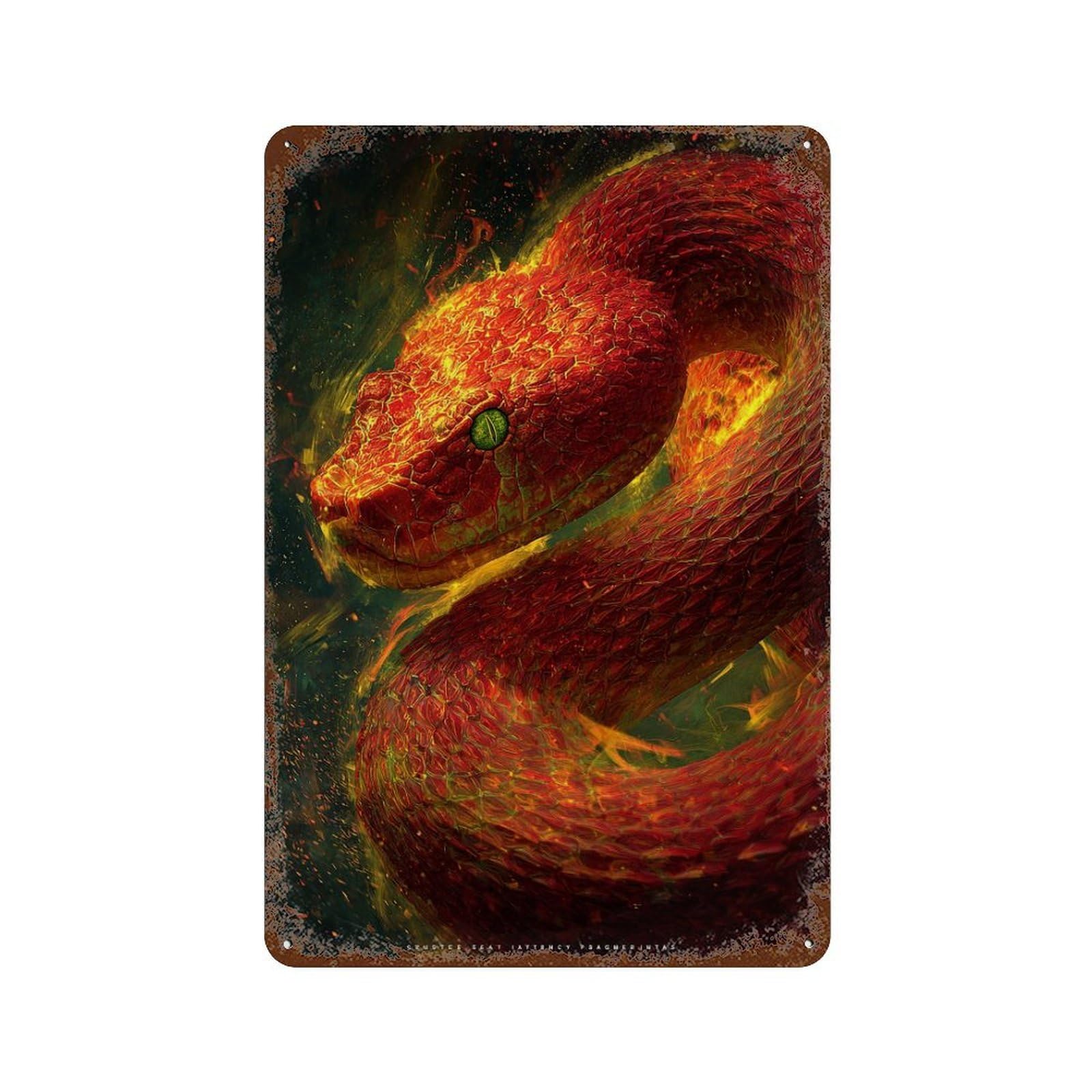 Decorative Tin Sign with Fiery Serpent Artwork Design 11.8"x7.9", for Basement, Hobby Room And Garage Decor, Rustic Home Decor
