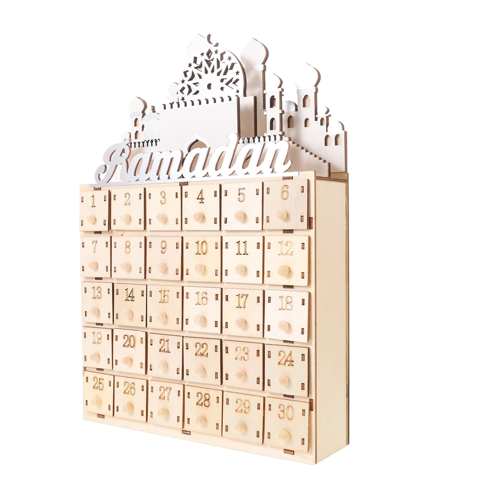 Cabilock Calendario del Eid de Madera con 30 Cajones y Luz Led, Decoración de Cuenta Regresiva para Ramadán y Festival Eid en Sala de Estar