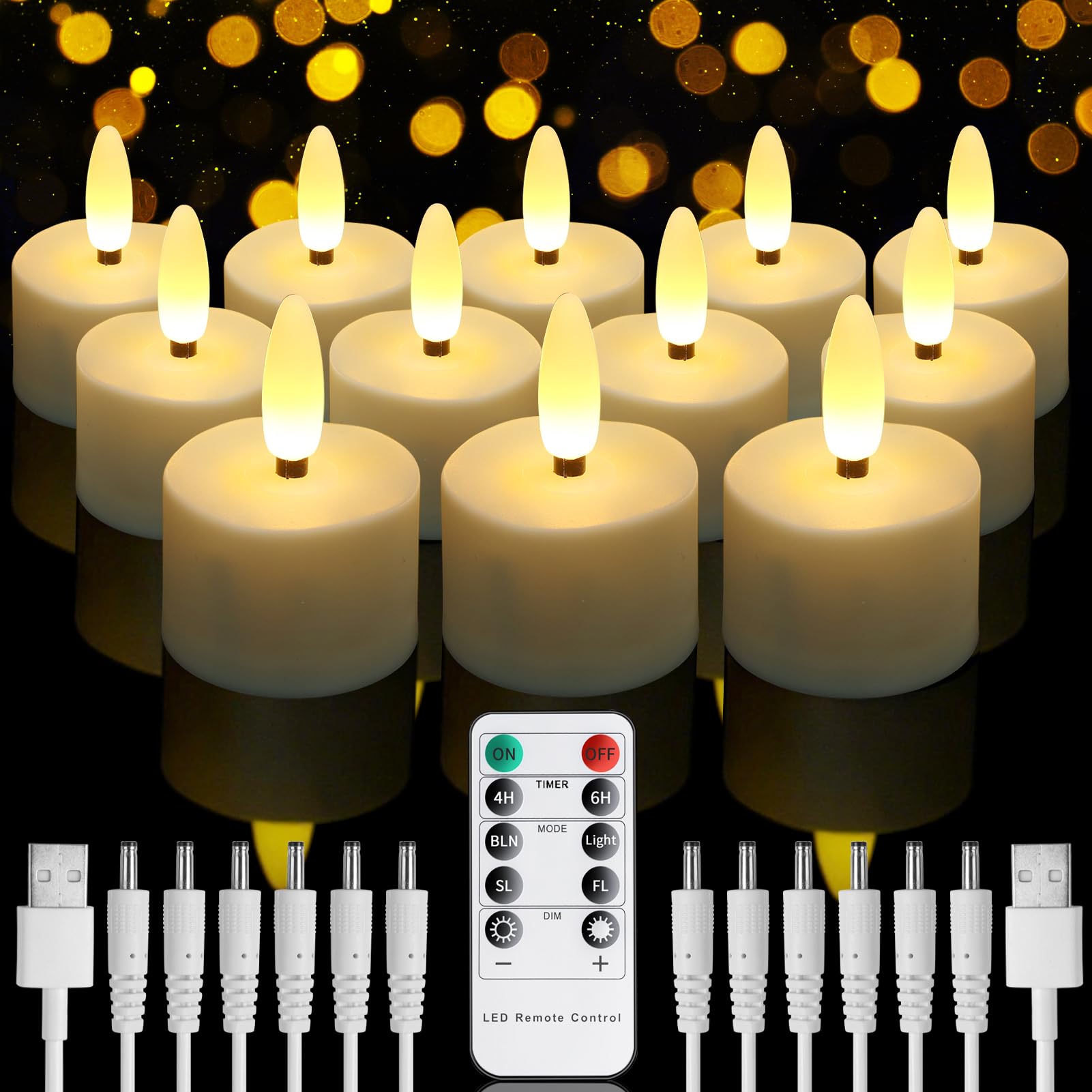 MI CASA Rechargeable Tea Lights, 12pcs Battery LED Flameless Tealight Candles with Remote Control Timer, Candle Light with USB Charging Cables for Home Room Table Halloween Christmas Decorations