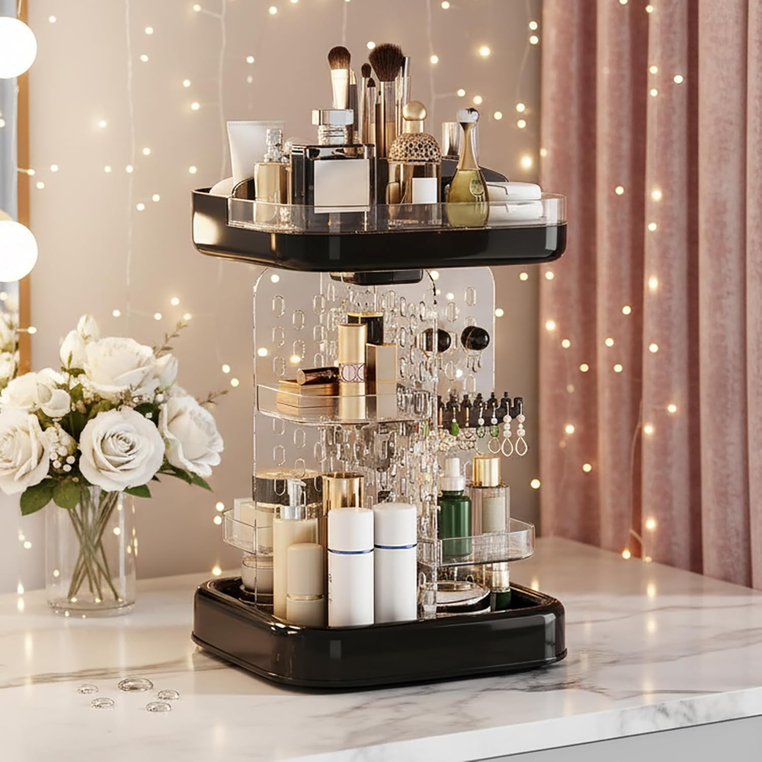360 Rotating Makeup Organizer for Vanity & Countertop, Clear Adjustable Height Tiered Cosmetic and Skincare Storage, Spinning Perfume and Brush Holder, Jewelry Accessories Desktop Organizer, Black