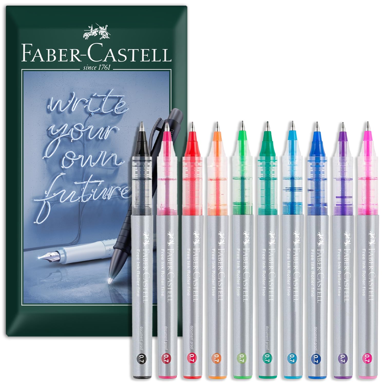 Faber-Castell Bolígrafo de tinta de punta de 0,7 mm, bolígrafos rollerball de regalo, papelería para oficina, trabajo, hogar, etc. (Multicolor, paquete de 10)