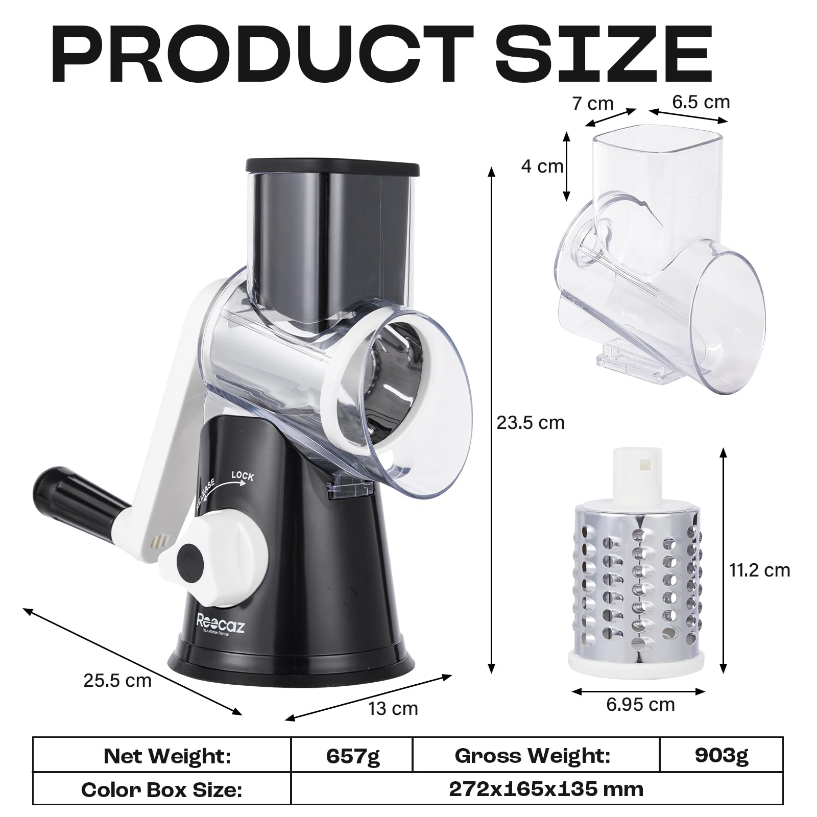 Rotary Cheese Grater Hand Crank - Cheese Shredder and Zester with Handle, Vegetable Shredder with 3 Stainless Steel Blades & Strong Suction Base – Round Slicer & Food Chopper for Kitchen
