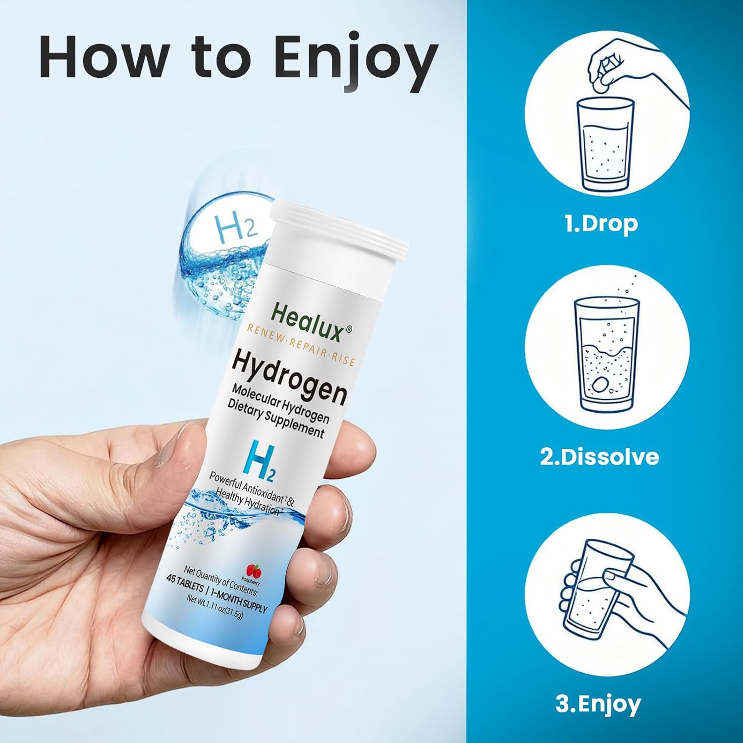 Hydrogen Water Tablets 12 PPM – Molecular H₂ Tablets with Magnesium | h2 tab Lab Tested Antioxidant Support for Energy, Cellular Health, Recovery & Cognitive Function, 90 Count, Raspberry