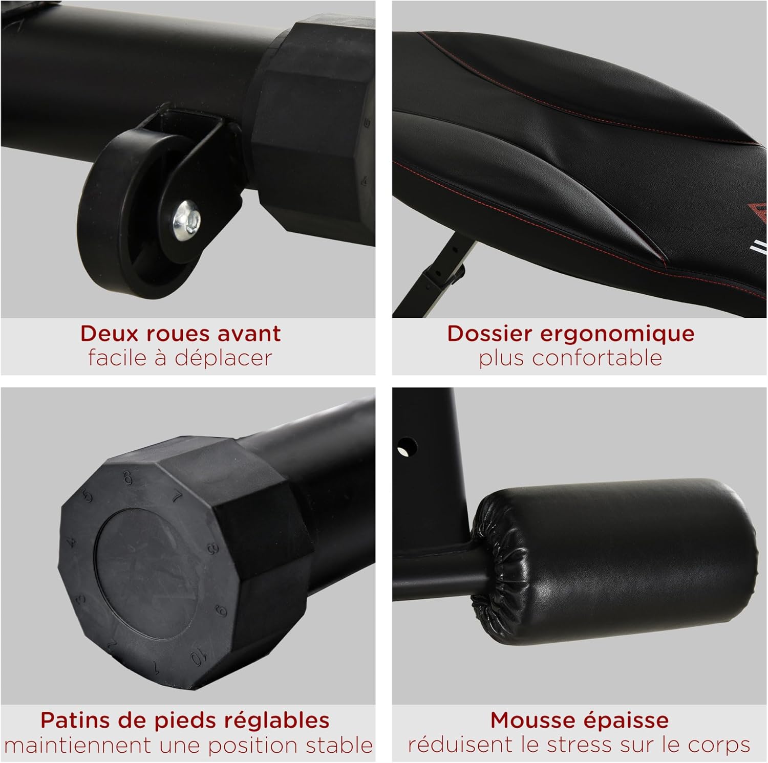 Collage of detailed features: two front wheels for easy movement, ergonomic backrest for comfort, adjustable foot pads for stability, and thick foam for stress reduction.