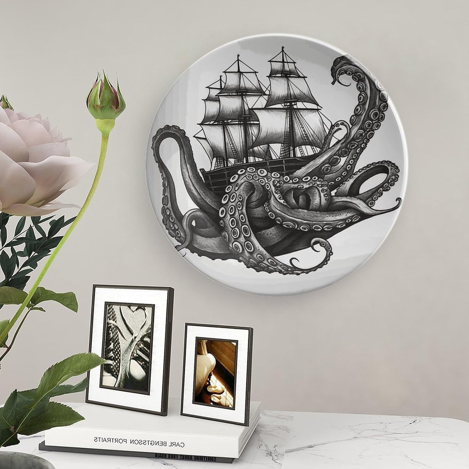Black And White Octopus And Ship Bone China Decorative Plate with Display Stand, Ceramic Ornaments Plate for Wall Hanging, Personalized Porcelain Plates for Office, Living Room 8inch