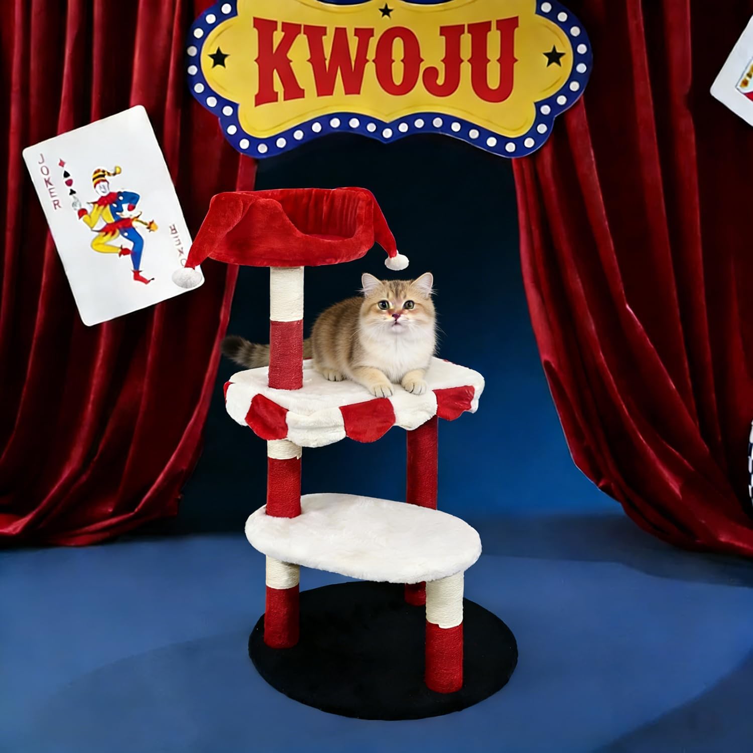 Circus Clown Cat Tree Tower, Multi-Level Cat Condo with Plush Platforms & Scratching Posts, Cute Circus Theme Cat Furniture for Indoor Cats (red)