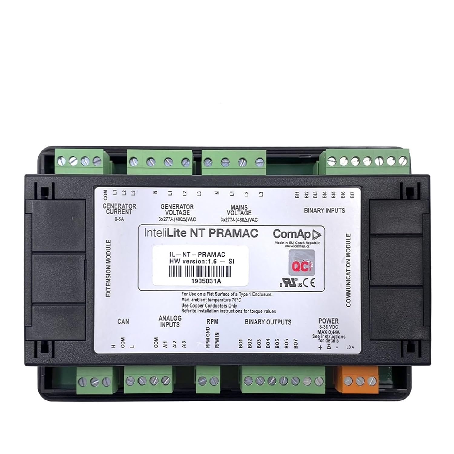 Rear view of the IBXDTUVJ IL-NT-PRAMAC AC03 Generator Controller showing connection terminals and labels