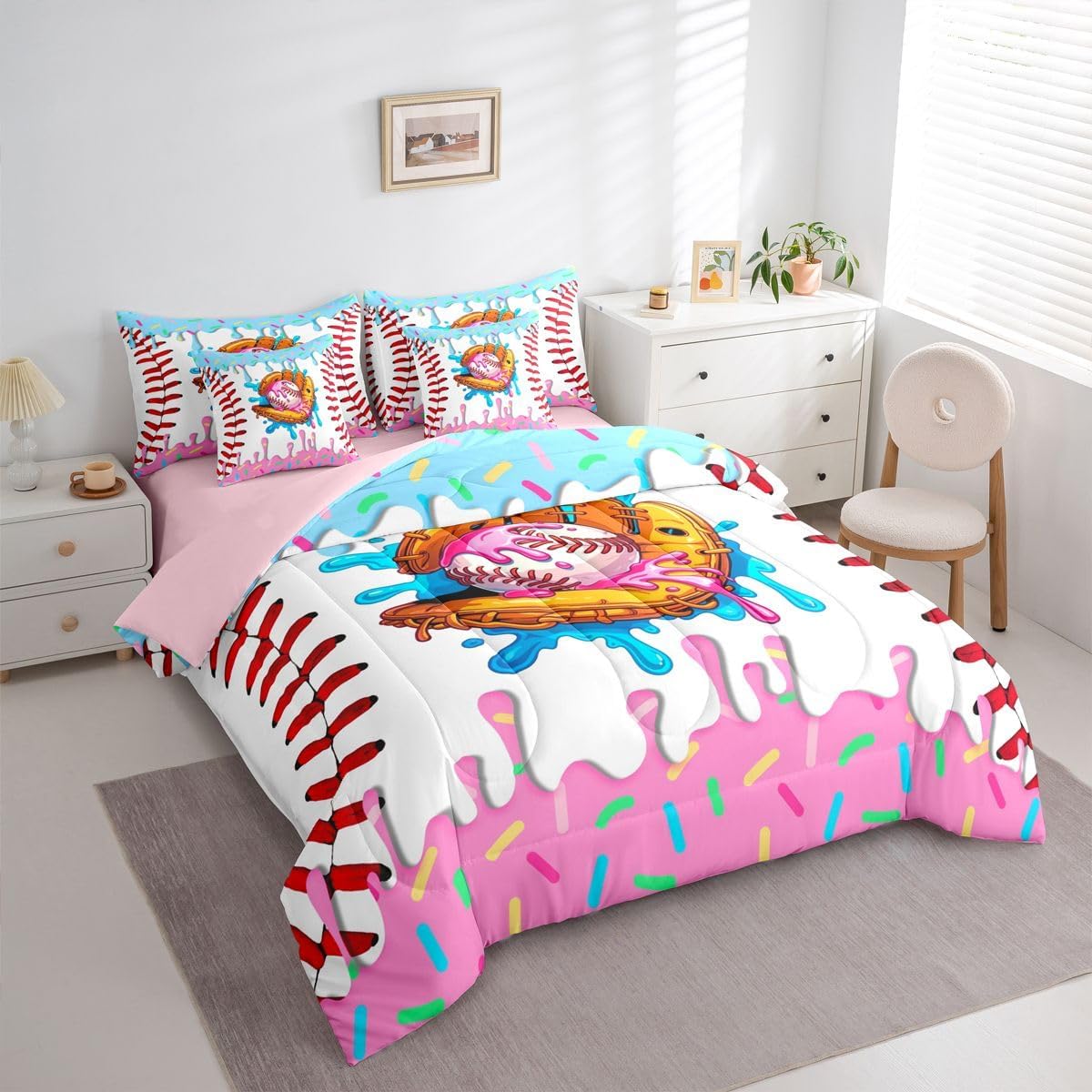 Pink Blue Ice Cream Drip Twin Bed In A Bag 7 Pieces Baseball Ice Cream Comforter Set with Sheets Baseball Sports Gaming Bedding Sets For Kids Girls Boys Adults Colorful Sprinkles Cake Candy Bed Set image 2