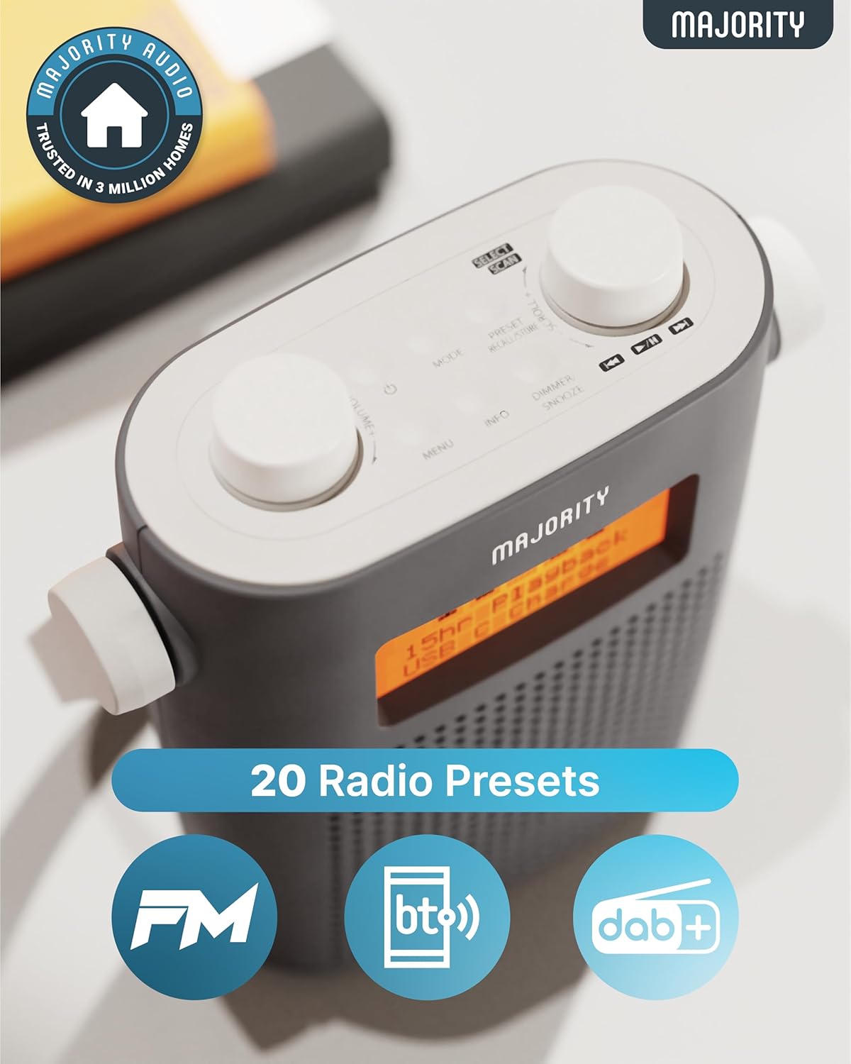 Top view of the Majority Eversden radio showing the display and controls, with icons for FM, Bluetooth, and DAB+.