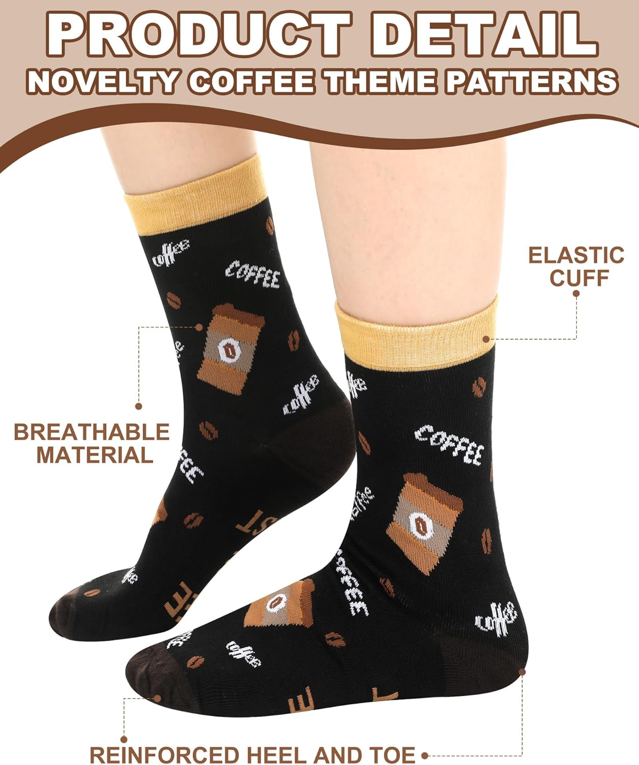 6 Pairs Novelty Coffee Socks for Men Funny Cotton Crew Socks Holiday Valentine's Day Birthday Gifts for Coffee Lovers Barista - Image 6