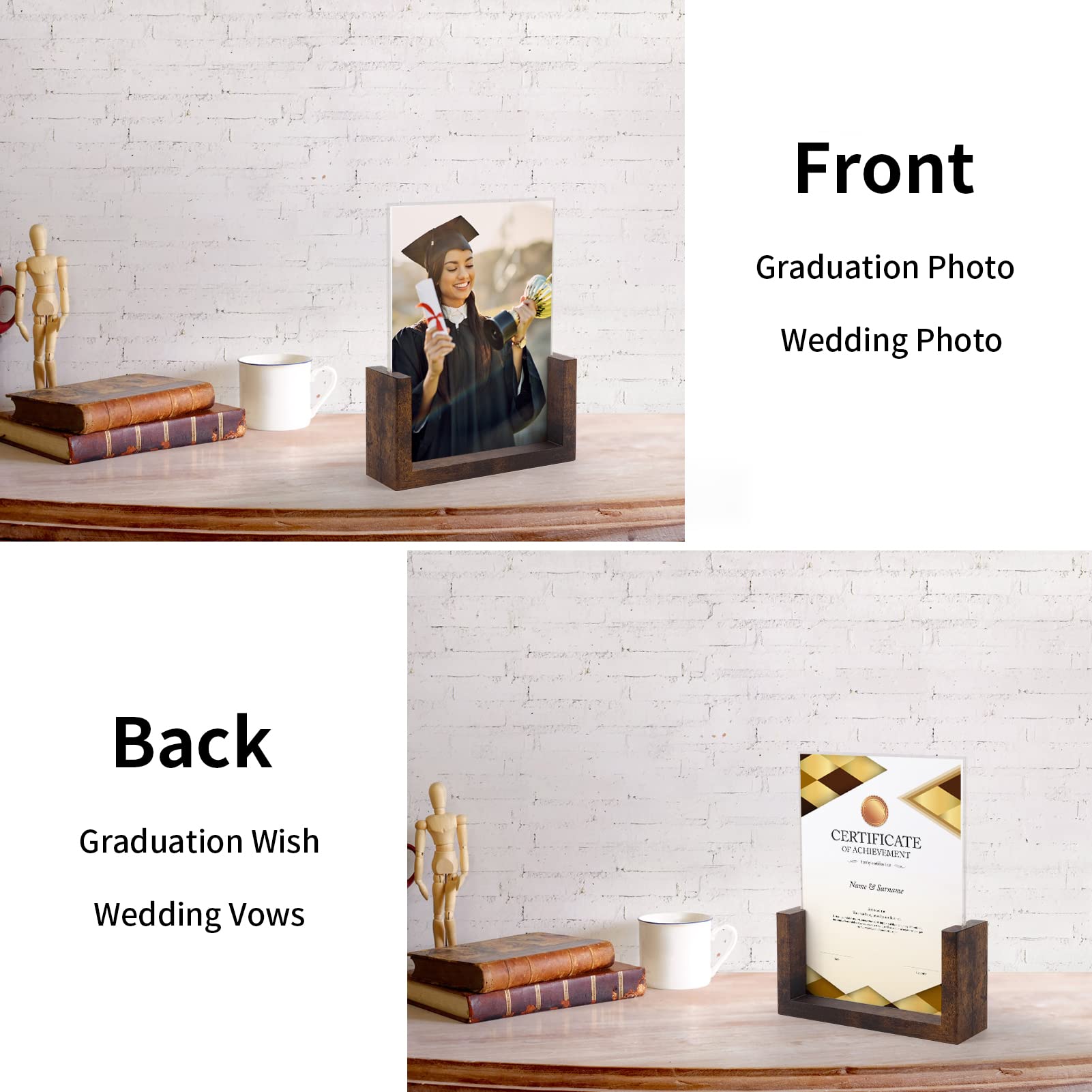 PETAFLOP 5x7 Picture Frame Set of 2, Rustic U-shaped Double Sided Frames Made to Display 5 by 7 Photos, Menu Holder Sign Card Stand for Desk Tabletop