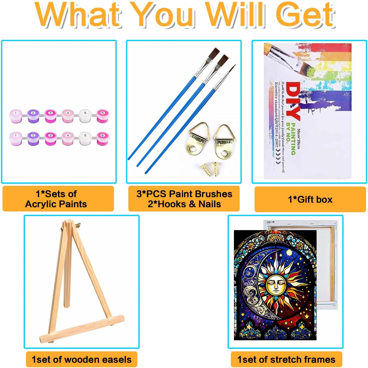 Meothan Paint by Numbers Kit for Adults,Stained Glass Paint by Numbers Kit for Beginner Sun Moon Paint by Numbers Kits for Home Table and Gift for Wall Decor 12x16 inch Framed and Easel