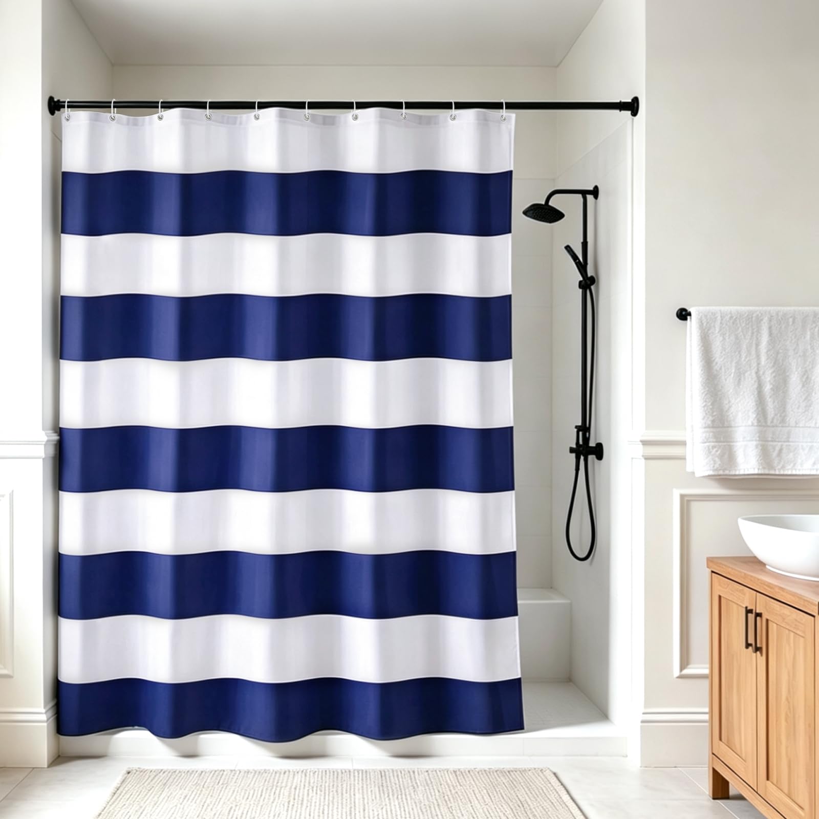 White and Blue Striped Shower Curtains for Bathroom with Hooks - Waterproof Textile Bath Curtain, Weighted Bottom Hem No Clinging, Machine Washable, 180x200cm