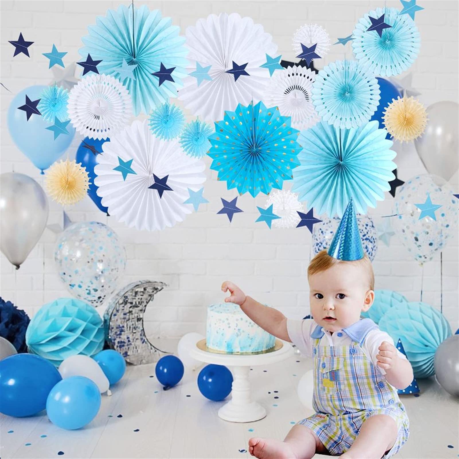 festival de farolillos 17 piezas decoraciones de fiesta verde niños purpurina círculo guirnalda de papel roseta fans ducha bebé primer cumpleaños fiesta boda taladro (color: estilo 2 (azul))