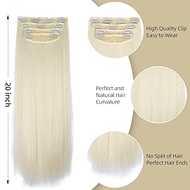Clip in Synthetic Hair Extensions Long Straight 4PCS Thick Hairpieces 613 Blonde Fiber Double Weft Natural Hair Extensions 20 Inch for Women (4pcs, 20Inch, 613)