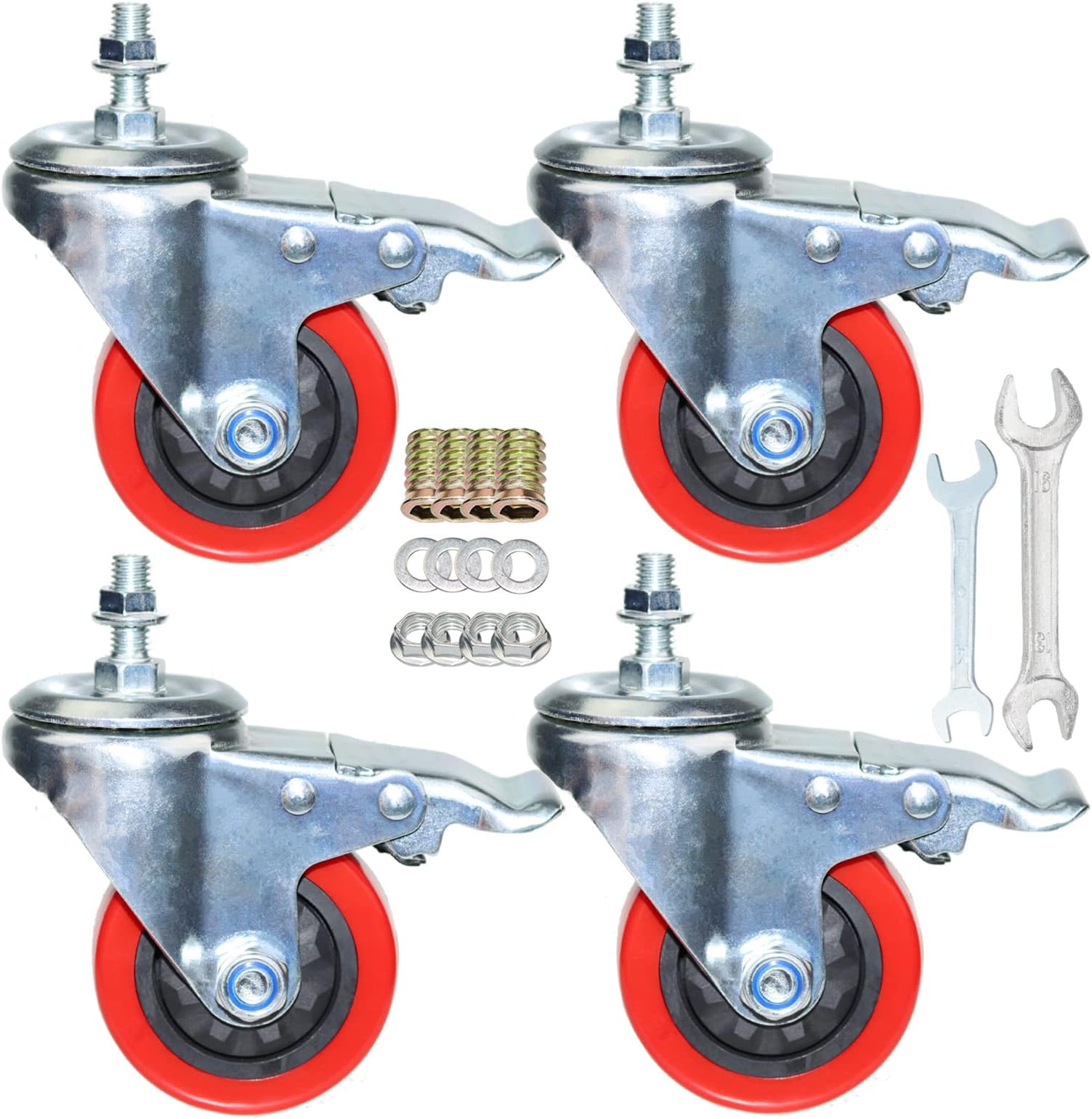 Heavy Duty Stem Caster Wheels M10-1.5X25mm Dual Locking No Noise PVC Threaded Stem Caster Wheels Pack of 4 for Workbench, Dolly, Furniture (3 Inch, Red)