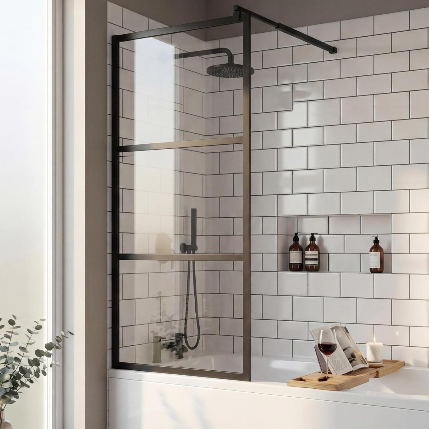 Fixed Shower Glass Panel, 1/4" (6mm) SGCC Clear Tempered Glass Shower Screen for Walk-in Bathroom, Framed Shower Door with Adjustable Support Bar, 3-Piece Divided Pattern, Bonus Glass Sealant Included