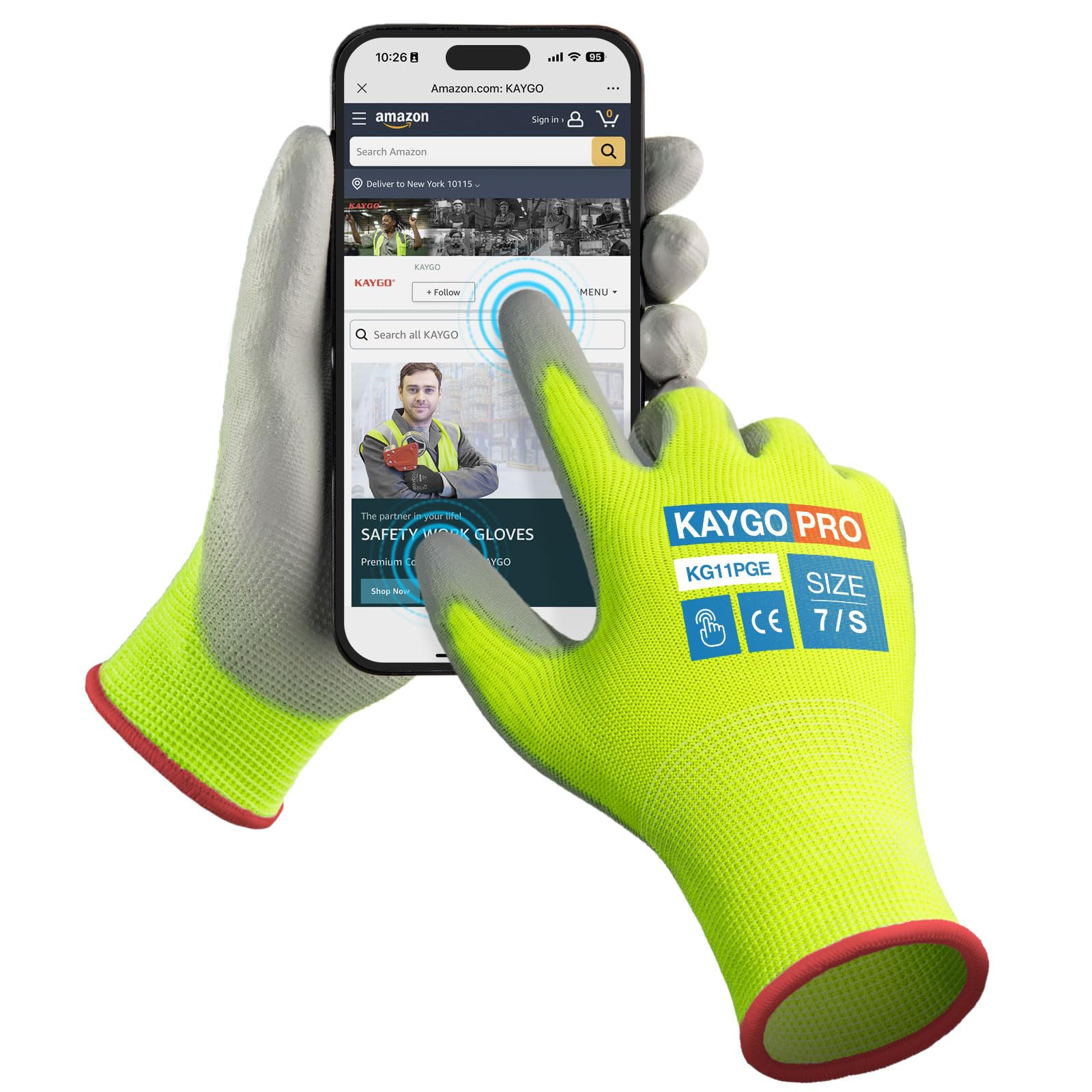 KAYGO Safety Work Gloves PU Coated for Men and Women, KG11P 12 Pairs, Seamless Knit Glove with Two Fingers Touchscreen,Ideal for General Duty Work (