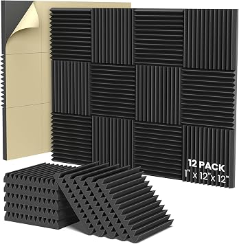 24 pack Acoustic Panels Self-Adhesive, 1" X 12" X 12" Quick-Recovery Sound Proof Foam Panels, Acoustic Foam Wedges High Density, Soundproof Wall Panels for Home Studio,Carbon Black-01