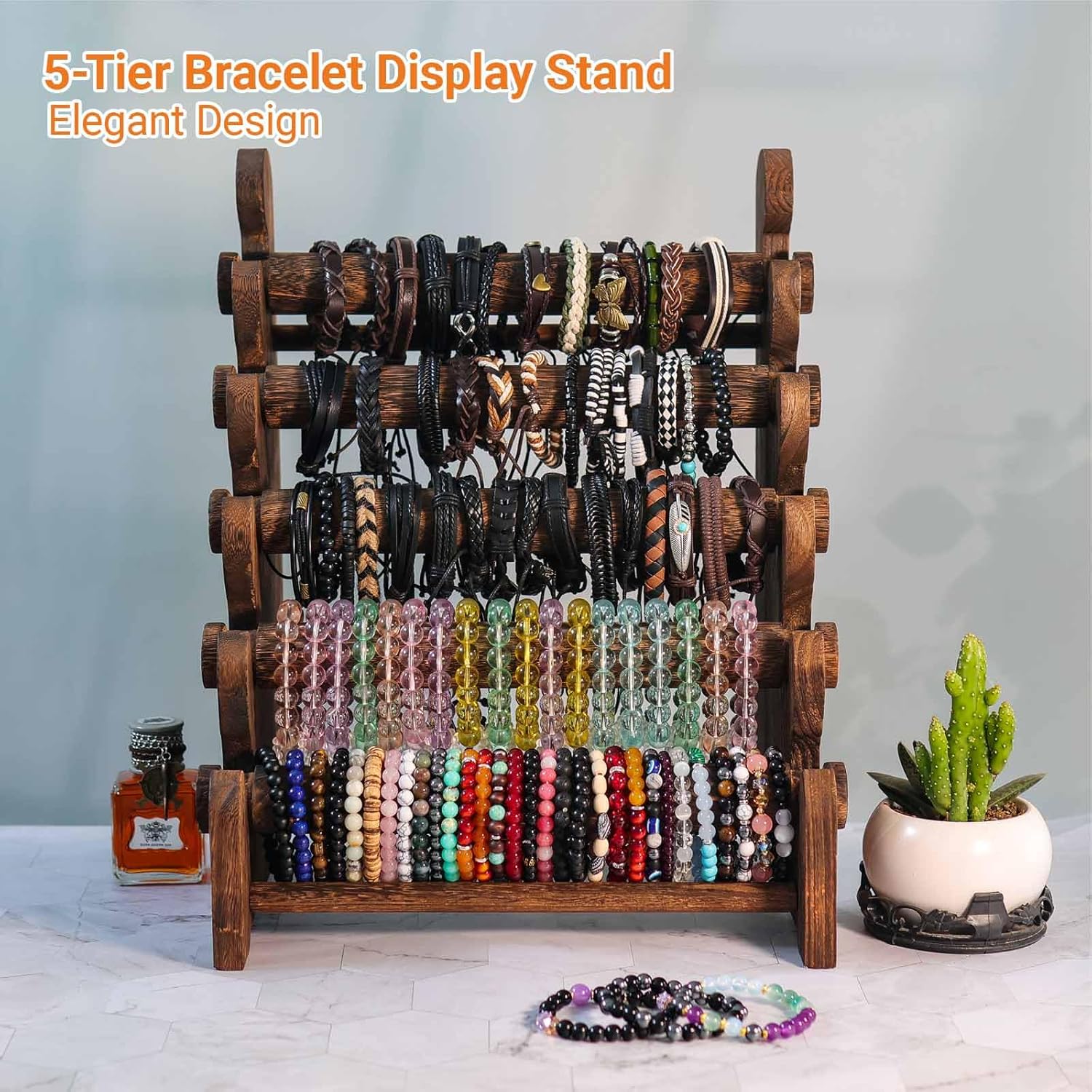 5-Tier Wooden Bracelet Holder – Portable Jewelry Display Stand for 120-150 Bangles & Scrunchies – for Vendors, Retail Stores, Craft Shows & Home Storage (vintage)