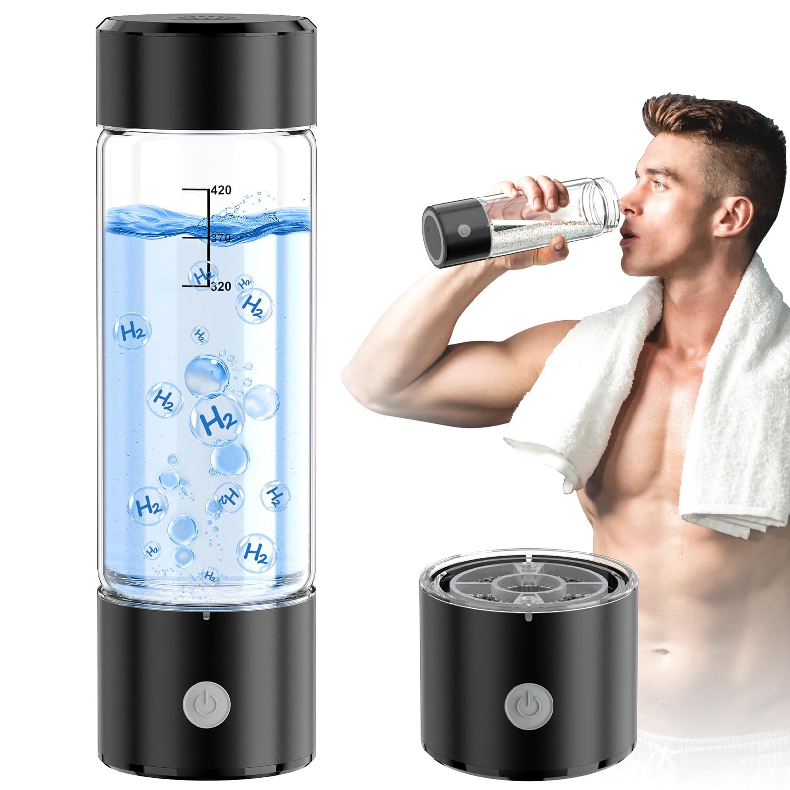 MOVOCA Hydrogen Water Bottle, 2200 PPB in 3 Min, SPE PEM, 15oz Hydro Water Black