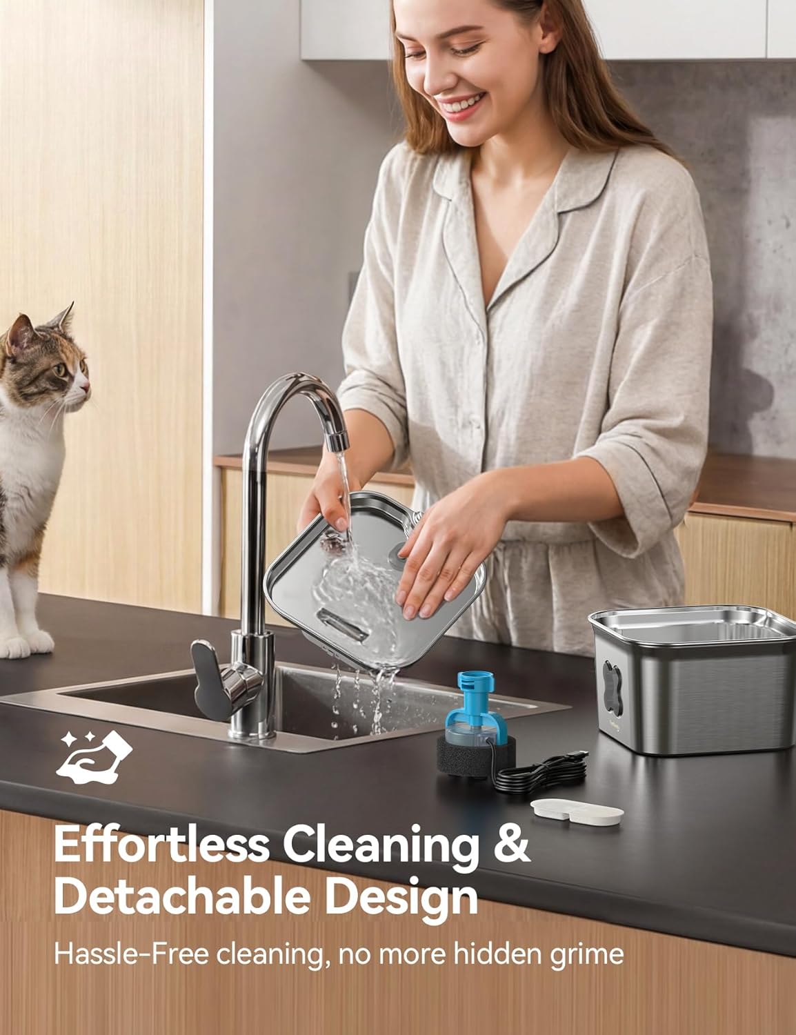 FEELNEEDY Cat Water Fountain, 304 Stainless Steel - 95oz/2.8L Faucet-Style Pet Drinking Fountain for Cats & Small Dogs, Ultra-Quiet <20dB, Dishwasher Safe, 4-Stage Filtration & Water Level Window