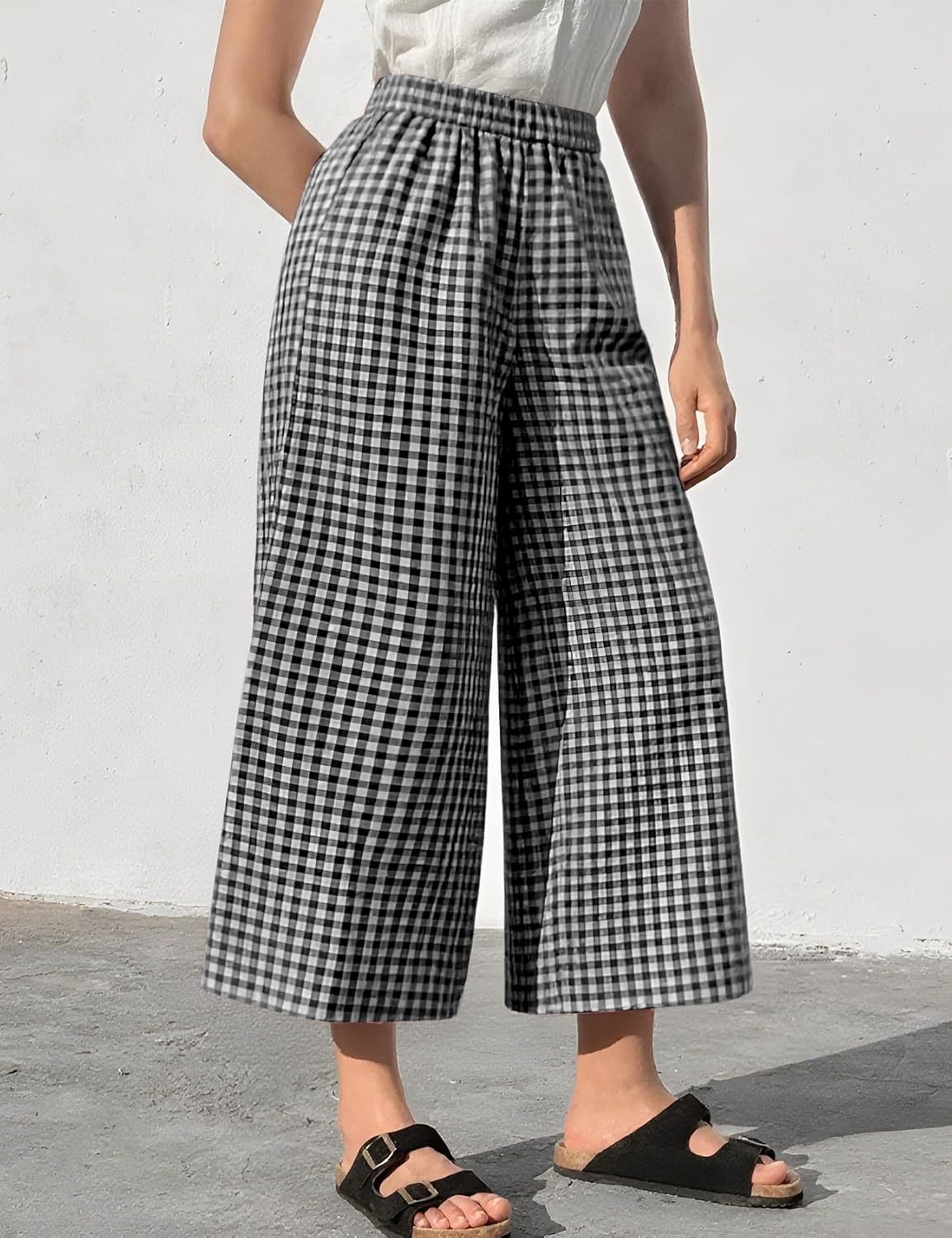 Flygo Women’s Wide Leg Gingham Capri Pants Cotton Elastic Waisted Plaid Palazzo Bottoms Flowy Trousers with Pockets - Image 2