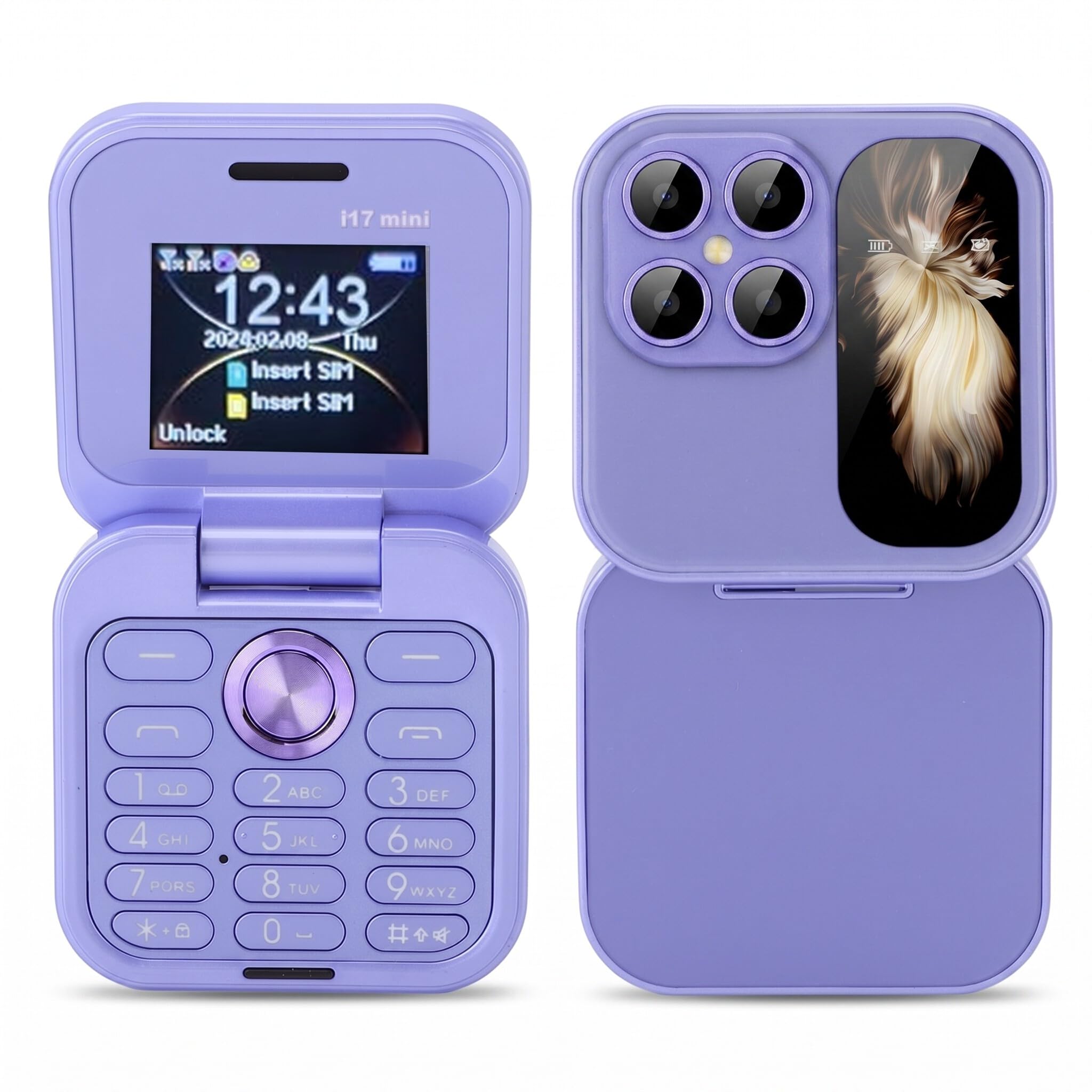 Bewinner El Teléfono Celular Más Pequeño con Tapa: Nano SIM Dual, Radio FM, Reproductor Multimedia 2G, Linterna LED, Cámara Trasera HD, Cordón para Personas Mayores (Violeta)